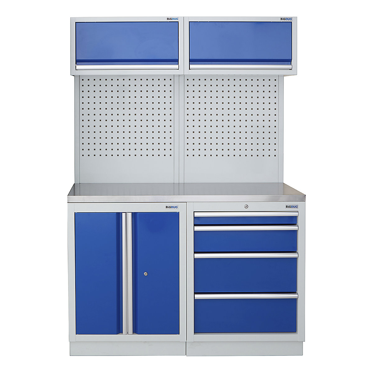 BiGDUG | 1361mm Wide Storage System | 4 Cabinet, BiGDUG | 1361mm Wide Storage System | 4 Cabinet, BiGDUG | 1361mm Wide Storage System | 2 Door Cupboard | 4 Drawer Cabinet | 2x Wall Panel | 2x Wall Cabinet | Grey Housing | Blue Doors | Stainless Worktop-0