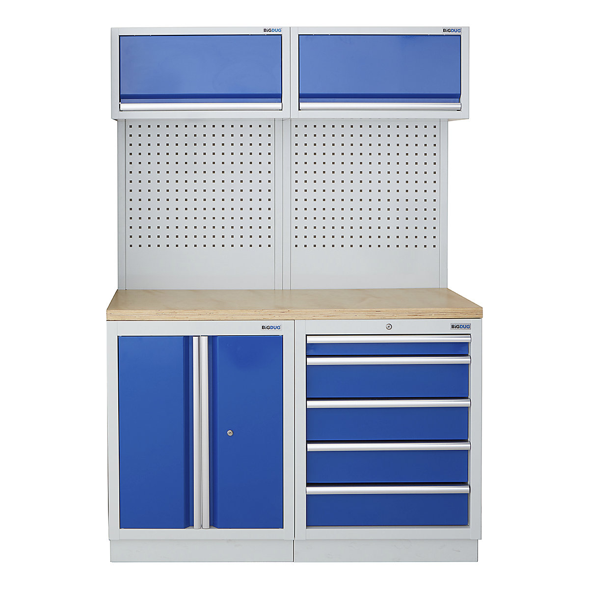 BiGDUG | 1361mm Wide Storage System | 4 Cabinet, BiGDUG | 1361mm Wide Storage System | 4 Cabinet, BiGDUG | 1361mm Wide Storage System | 2 Door Cupboard | 5 Drawer Cabinet | 2x Wall Panel | 2x Wall Cabinet | Grey Housing | Blue Doors | Multiplex Worktop-0