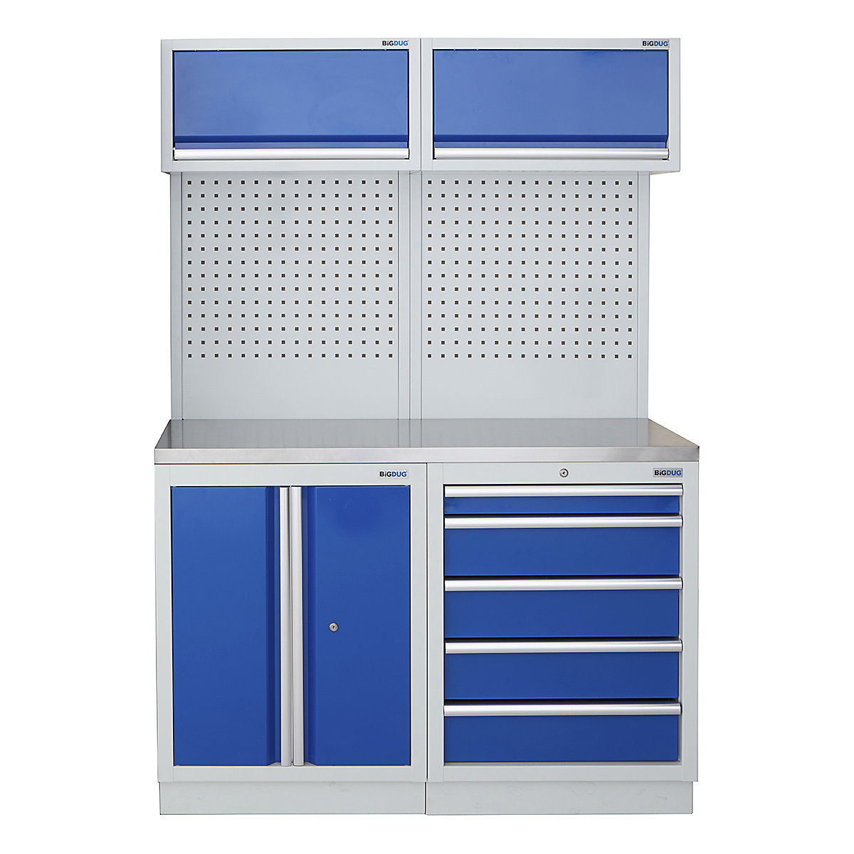 BiGDUG | 1361mm Wide Storage System | 4 Cabinet, BiGDUG | 1361mm Wide Storage System | 4 Cabinet, BiGDUG | 1361mm Wide Storage System | 2 Door Cupboard | 5 Drawer Cabinet | 2x Wall Panel | 2x Wall Cabinet | Grey Housing | Blue Doors | Stainless Worktop-0