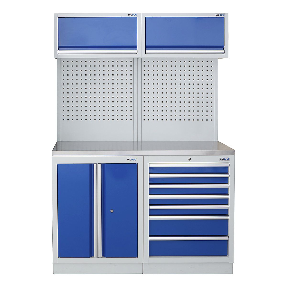 BiGDUG | 1361mm Wide Storage System | 4 Cabinet, BiGDUG | 1361mm Wide Storage System | 4 Cabinet, BiGDUG | 1361mm Wide Storage System | 2 Door Cupboard | 7 Drawer Cabinet | 2x Wall Panel | 2x Wall Cabinet | Grey Housing | Blue Doors | Stainless Worktop-2