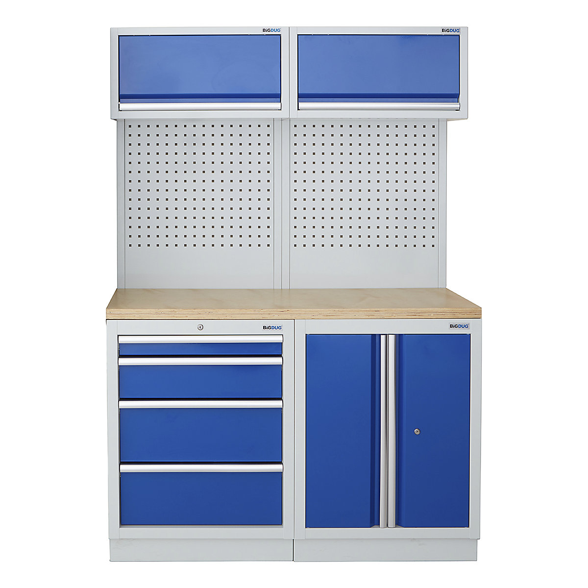 BiGDUG | 1361mm Wide Storage System | 4 Cabinet, BiGDUG | 1361mm Wide Storage System | 4 Cabinet, BiGDUG | 1361mm Wide Storage System | 4 Drawer Cabinet | 2 Door Cupboard | 2x Wall Panel | 2x Wall Cabinet | Grey Housing | Blue Doors | Multiplex Worktop-0