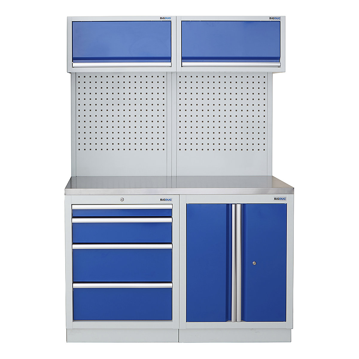 BiGDUG | 1361mm Wide Storage System | 4 Cabinet, BiGDUG | 1361mm Wide Storage System | 4 Cabinet, BiGDUG | 1361mm Wide Storage System | 4 Drawer Cabinet | 2 Door Cupboard | 2x Wall Panel | 2x Wall Cabinet | Grey Housing | Blue Doors | Stainless Worktop-0