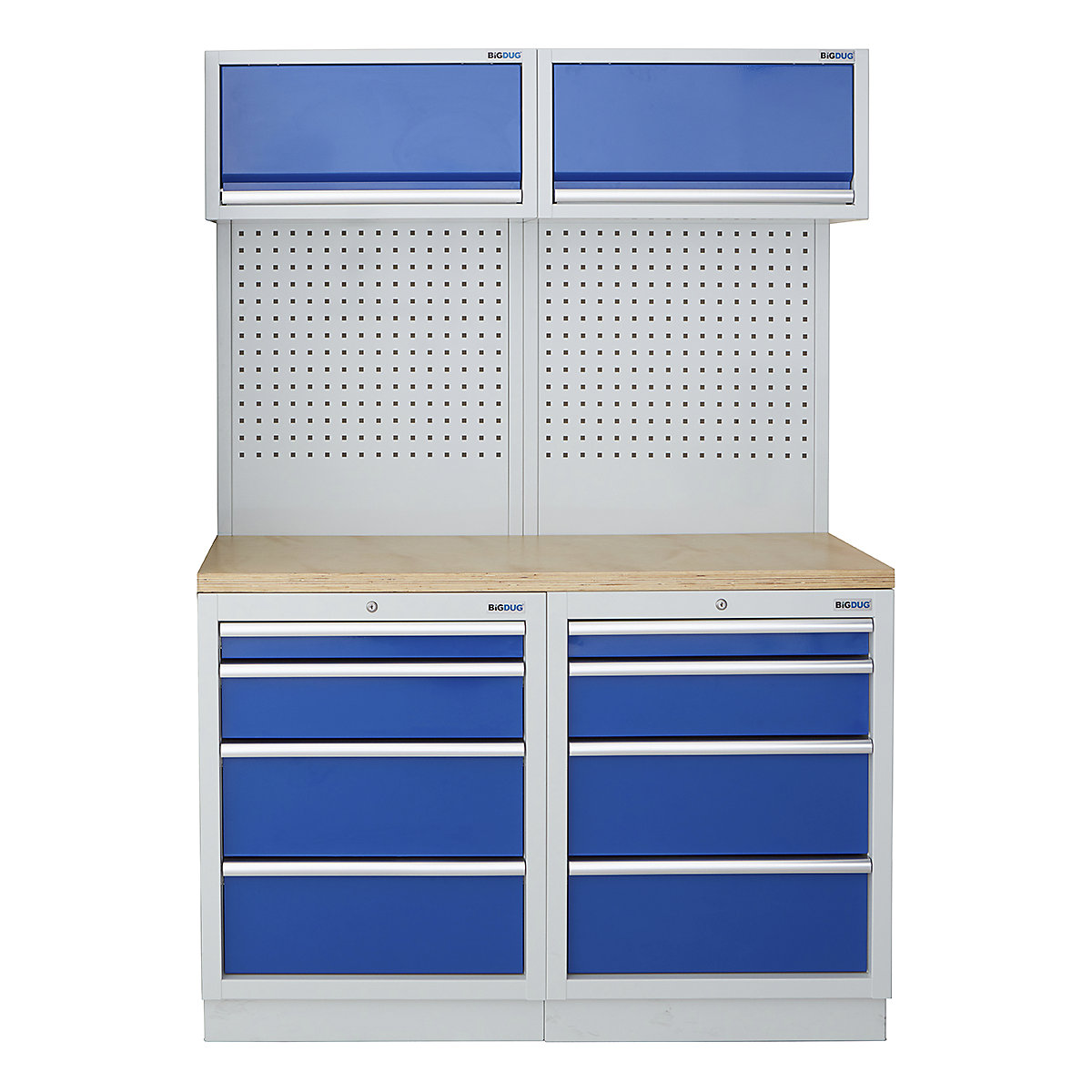 BiGDUG | 1361mm Wide Storage System | 4 Cabinet, BiGDUG | 1361mm Wide Storage System | 4 Cabinet, BiGDUG | 1361mm Wide Storage System | 2x 4 Drawer Cabinet | 2x Wall Panel | 2x Wall Cabinet | Grey Housing | Blue Drawers | Multiplex Worktop-0