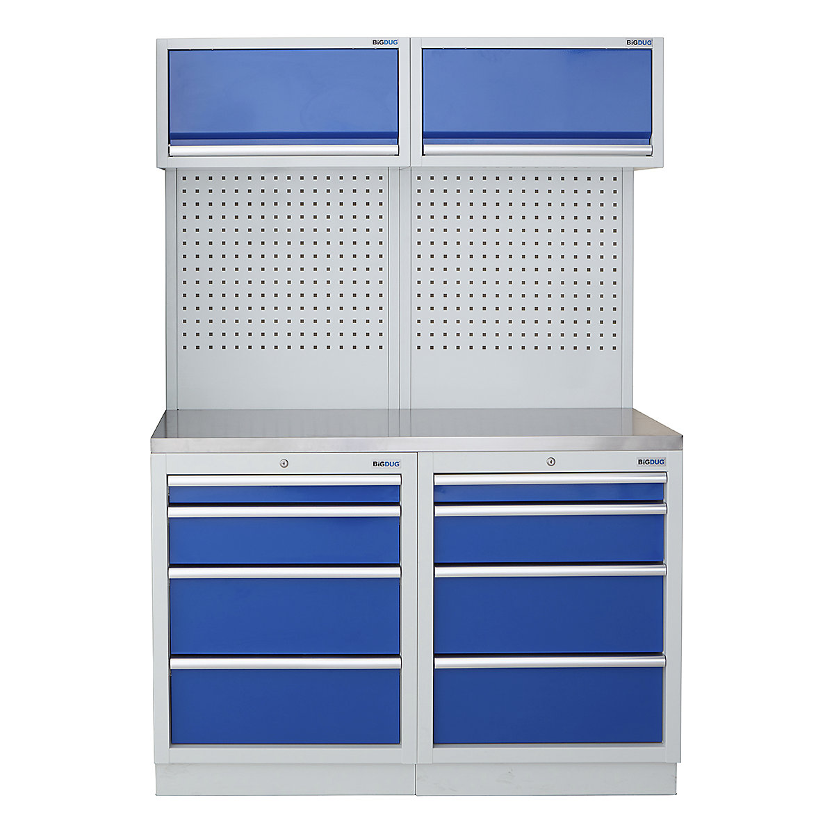 BiGDUG | 1361mm Wide Storage System | 4 Cabinet, BiGDUG | 1361mm Wide Storage System | 4 Cabinet, BiGDUG | 1361mm Wide Storage System | 2x 4 Drawer Cabinet | 2x Wall Panel | 2x Wall Cabinet | Grey Housing | Blue Drawers | Stainless Worktop-0