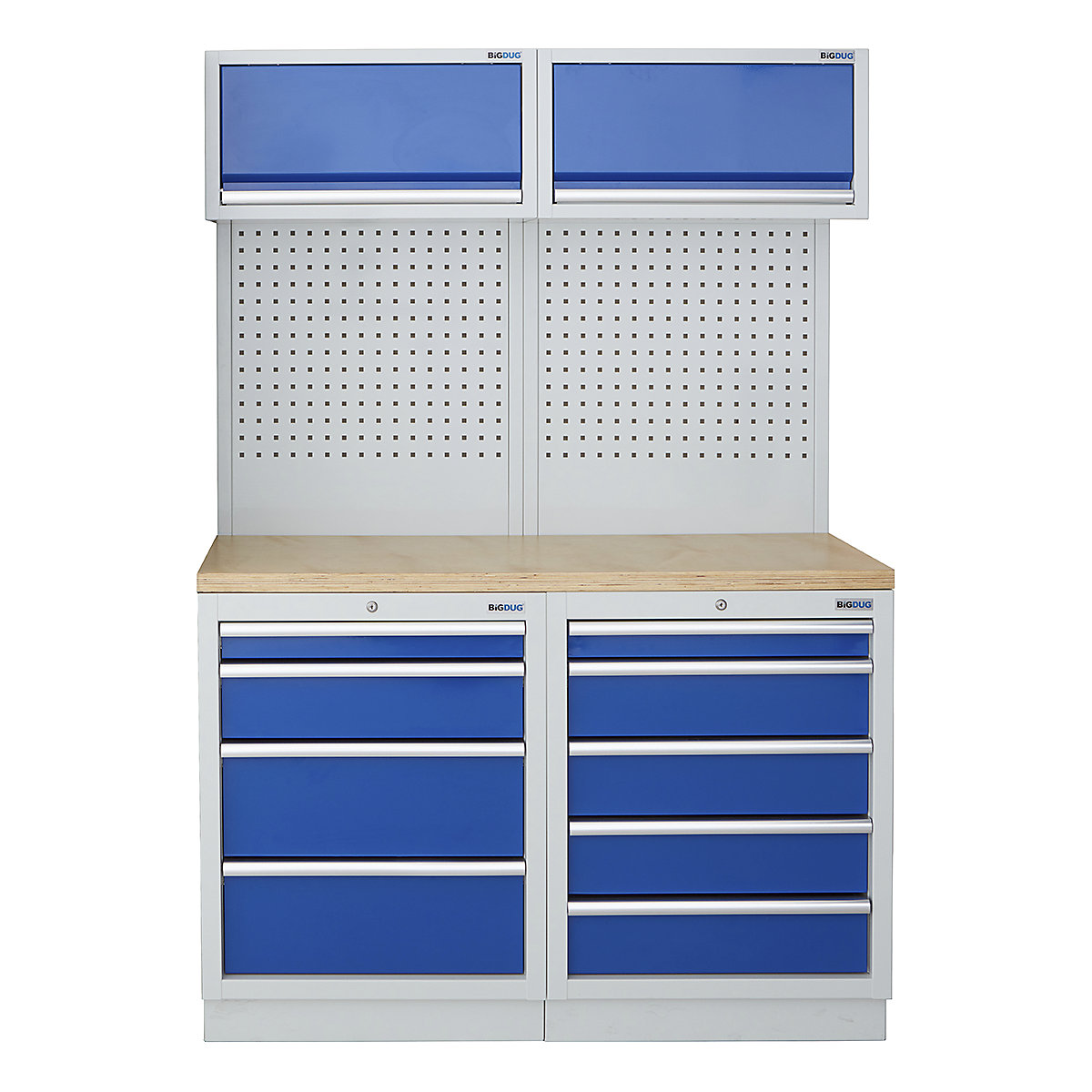 BiGDUG | 1361mm Wide Storage System | 4 Cabinet, BiGDUG | 1361mm Wide Storage System | 4 Cabinet, BiGDUG | 1361mm Wide Storage System | 4 Drawer Cabinet | 5 Drawer Cabinet | 2x Wall Panel | 2x Wall Cabinet | Grey Housing | Blue Drawers | Multiplex Worktop-0