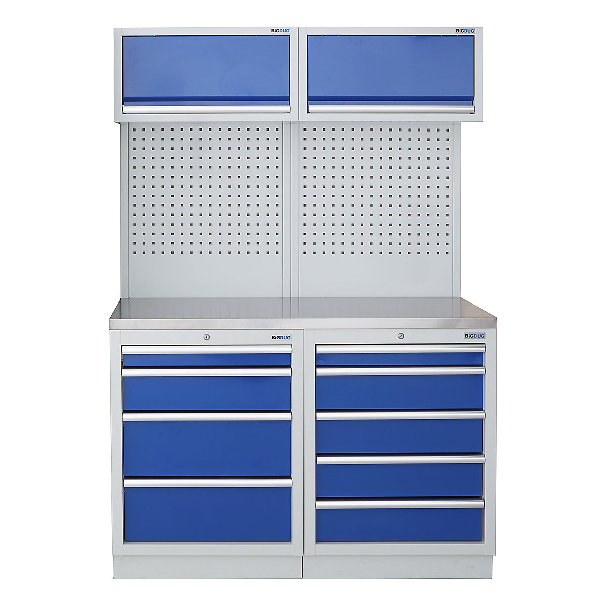 BiGDUG | 1361mm Wide Storage System | 4 Cabinet, BiGDUG | 1361mm Wide Storage System | 4 Cabinet, BiGDUG | 1361mm Wide Storage System | 4 Drawer Cabinet | 5 Drawer Cabinet | 2x Wall Panel | 2x Wall Cabinet | Grey Housing | Blue Drawers | Stainless Worktop-0