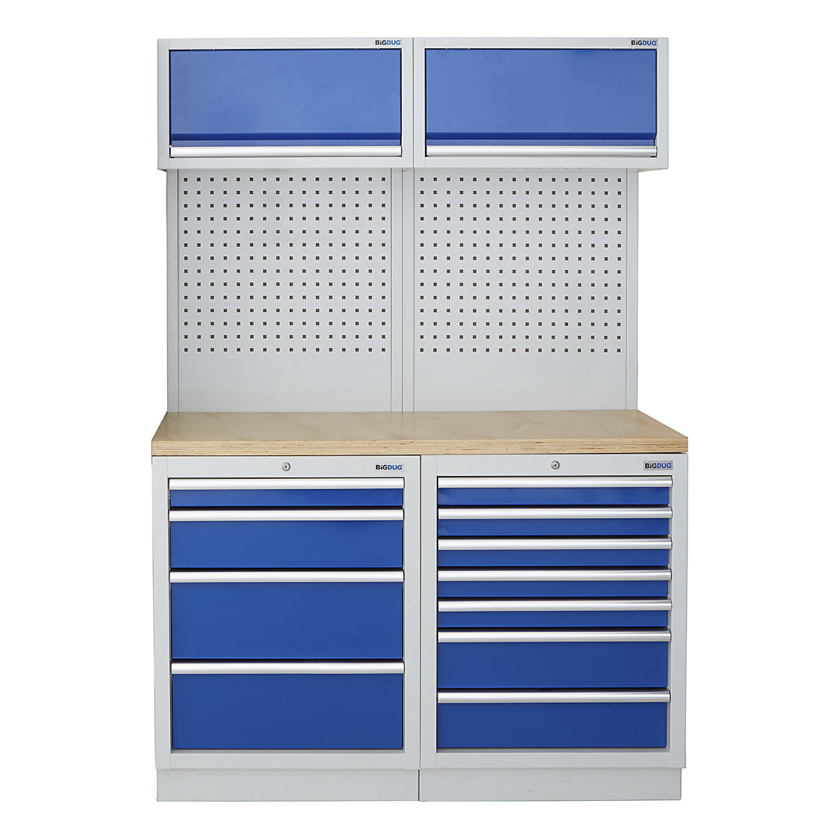 BiGDUG | 1361mm Wide Storage System | 4 Cabinet, BiGDUG | 1361mm Wide Storage System | 4 Cabinet, BiGDUG | 1361mm Wide Storage System | 4 Drawer Cabinet | 7 Drawer Cabinet | 2x Wall Panel | 2x Wall Cabinet | Grey Housing | Blue Drawers | Multiplex Worktop-0