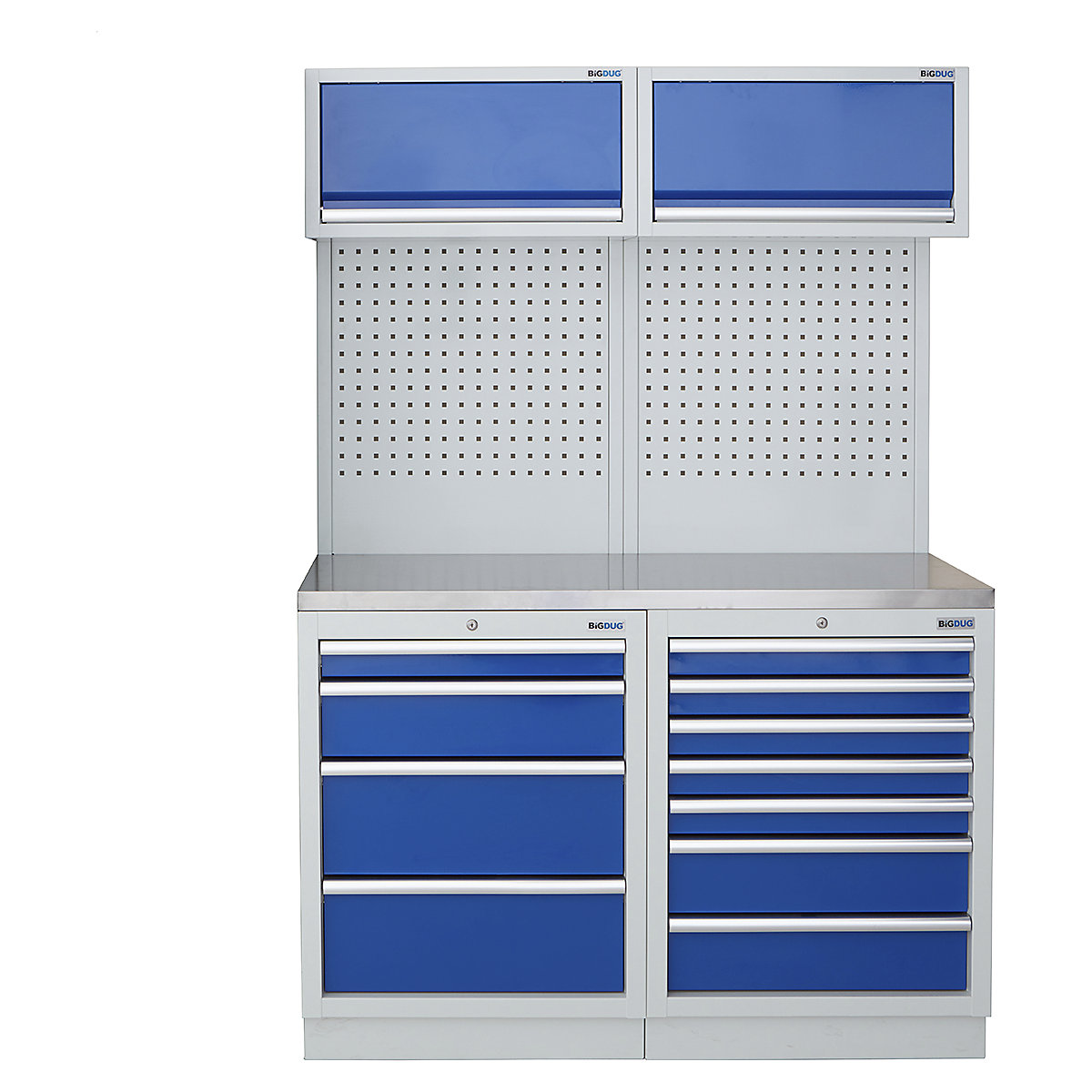 BiGDUG | 1361mm Wide Storage System | 4 Cabinet, BiGDUG | 1361mm Wide Storage System | 4 Cabinet, BiGDUG | 1361mm Wide Storage System | 4 Drawer Cabinet | 7 Drawer Cabinet | 2x Wall Panel | 2x Wall Cabinet | Grey Housing | Blue Drawers | Stainless Worktop-0