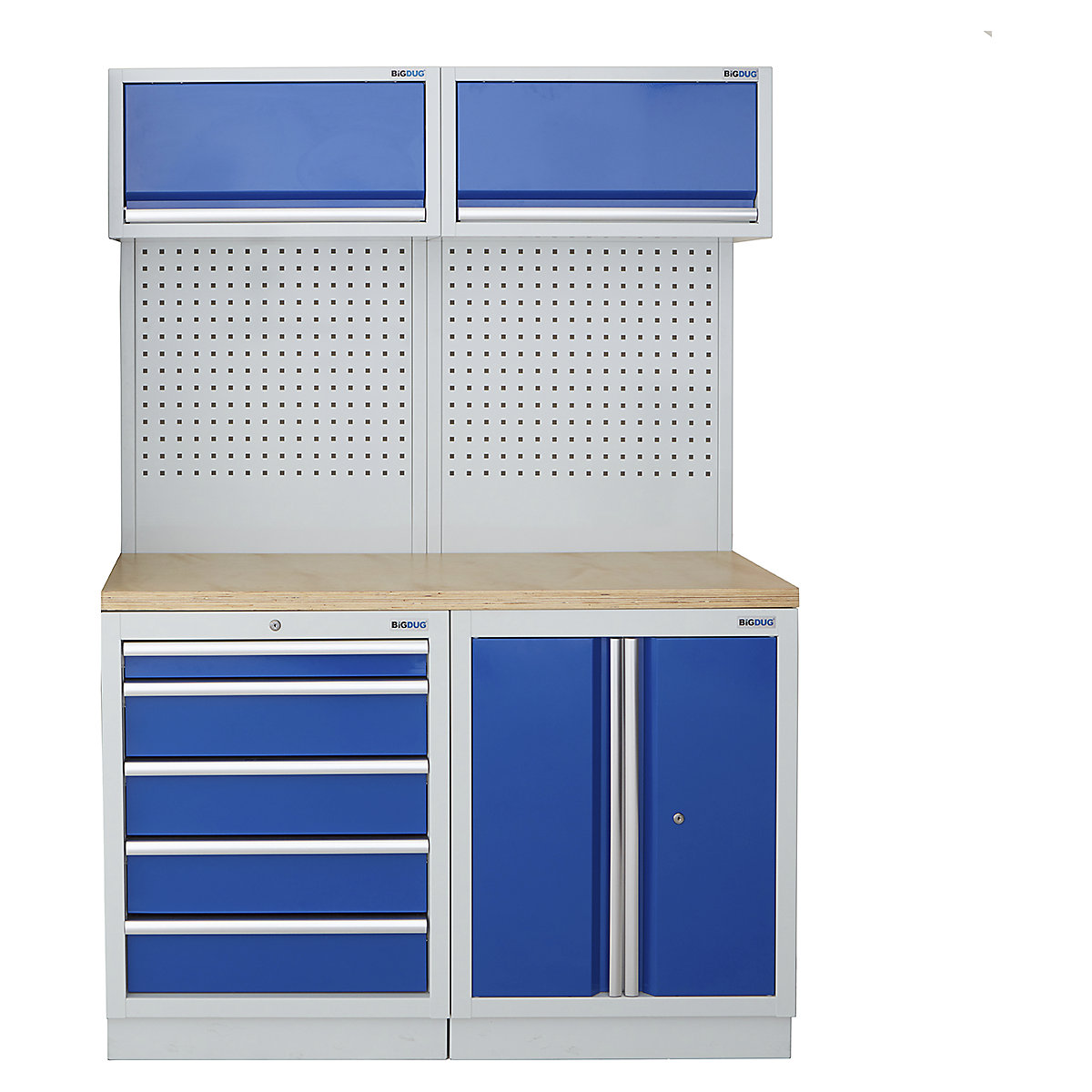 BiGDUG | 1361mm Wide Storage System | 4 Cabinet, BiGDUG | 1361mm Wide Storage System | 4 Cabinet, BiGDUG | 1361mm Wide Storage System | 5 Drawer Cabinet | 2 Door Cupboard | 2x Wall Panel | 2x Wall Cabinet | Grey Housing | Blue Doors | Multiplex Worktop-0
