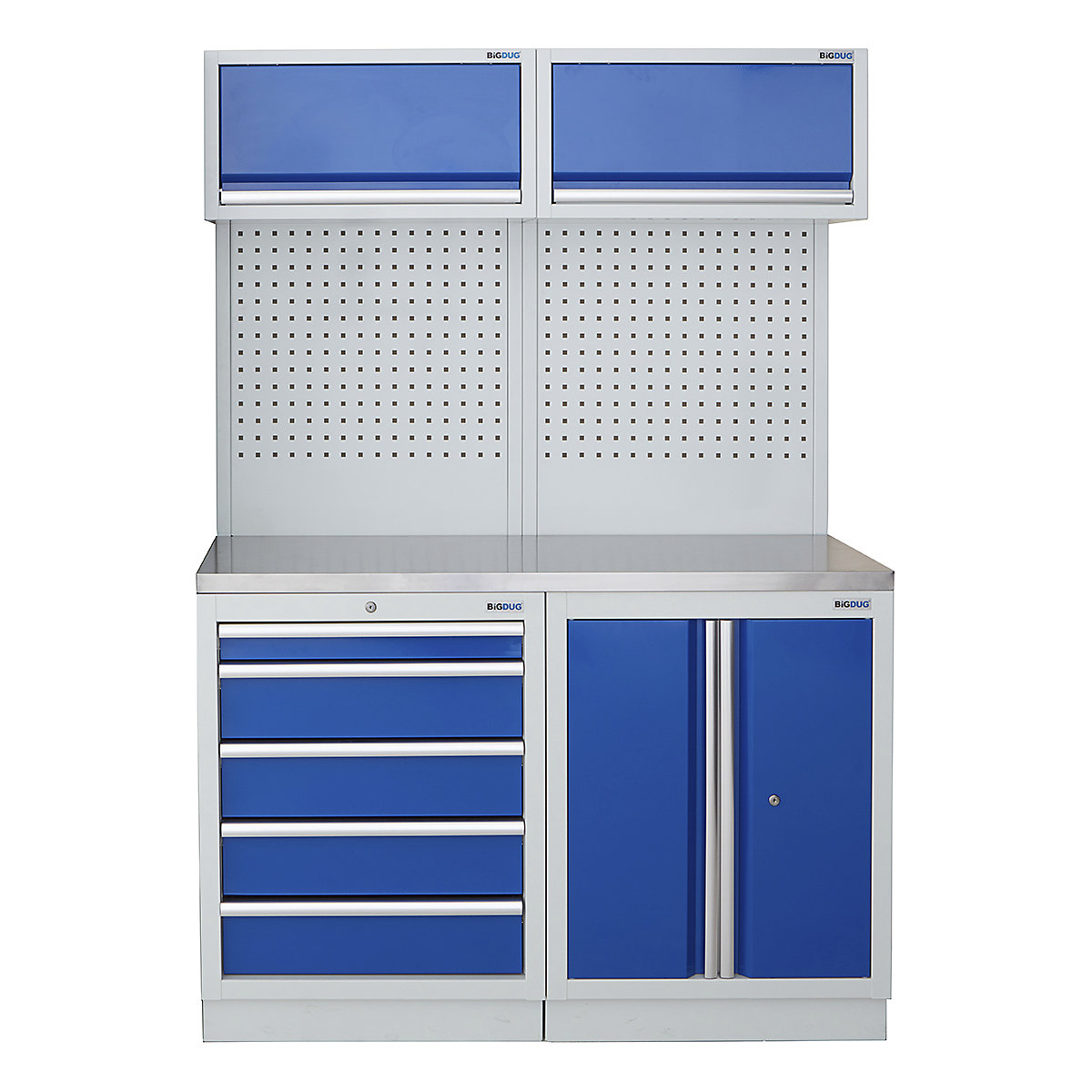 BiGDUG | 1361mm Wide Storage System | 4 Cabinet, BiGDUG | 1361mm Wide Storage System | 4 Cabinet, BiGDUG | 1361mm Wide Storage System | 5 Drawer Cabinet | 2 Door Cupboard | 2x Wall Panel | 2x Wall Cabinet | Grey Housing | Blue Doors | Stainless Worktop-0