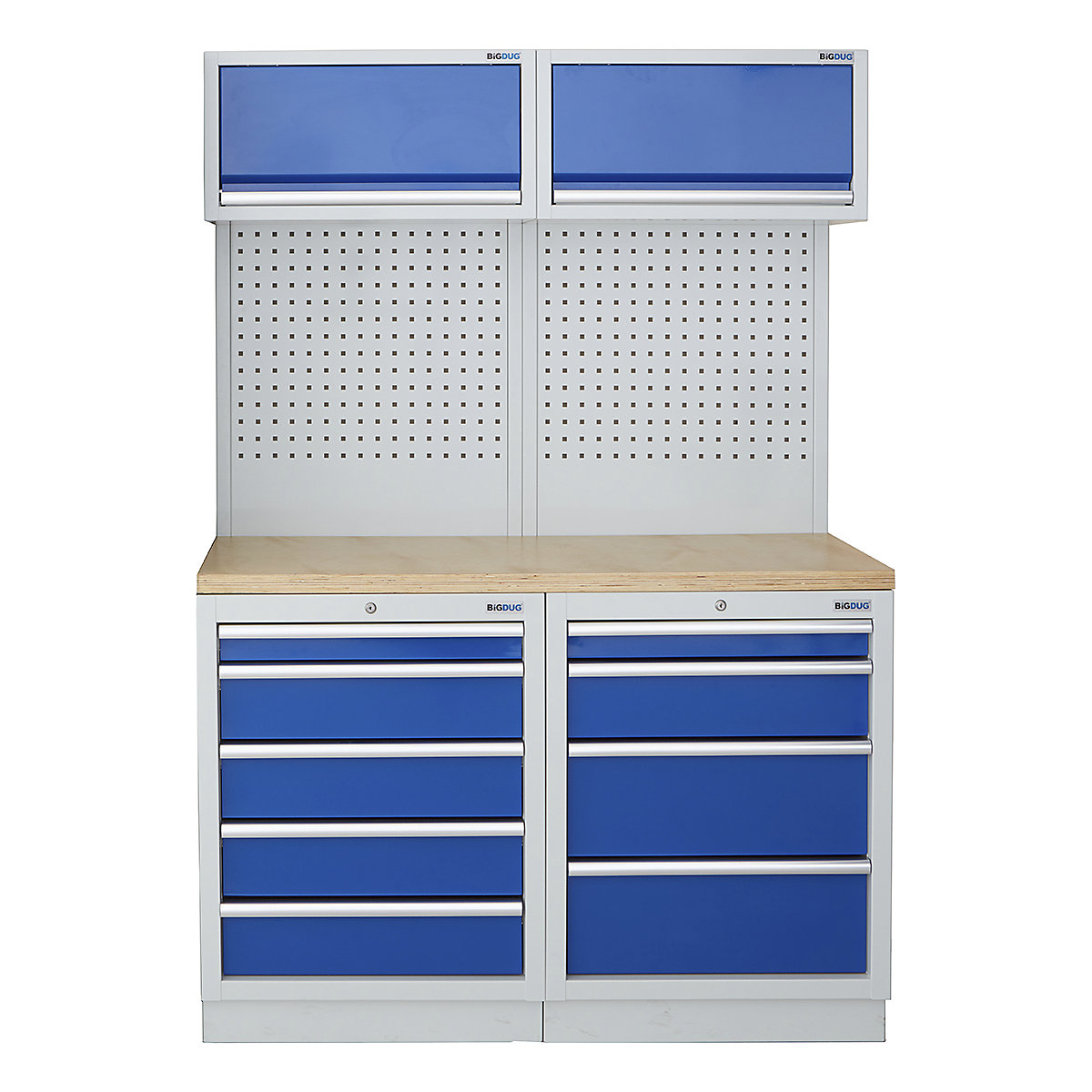 BiGDUG | 1361mm Wide Storage System | 4 Cabinet, BiGDUG | 1361mm Wide Storage System | 4 Cabinet, BiGDUG | 1361mm Wide Storage System | 5 Drawer Cabinet | 4 Drawer Cabinet | 2x Wall Panel | 2x Wall Cabinet | Grey Housing | Blue Drawers | Multiplex Worktop-0