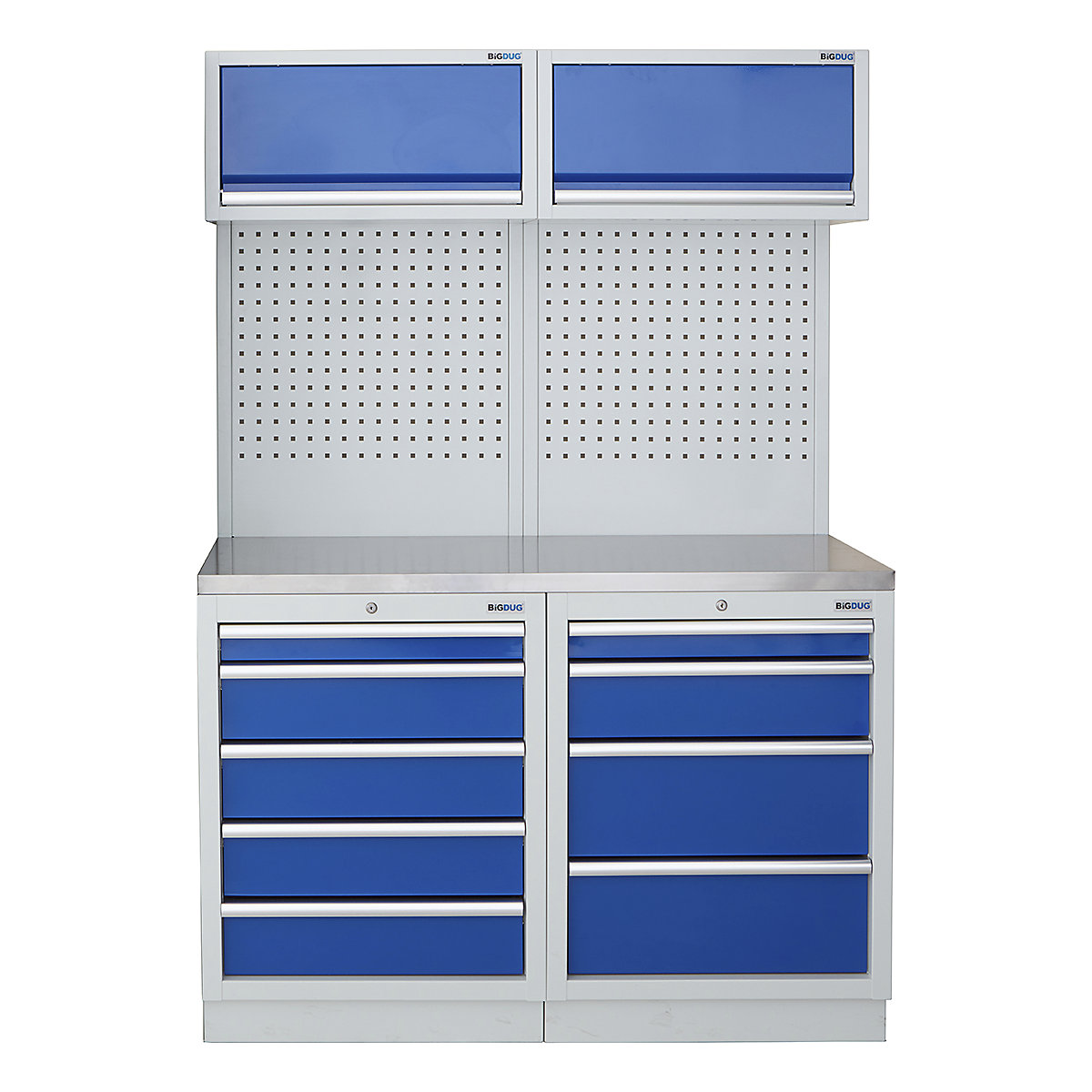 BiGDUG | 1361mm Wide Storage System | 4 Cabinet, BiGDUG | 1361mm Wide Storage System | 4 Cabinet, BiGDUG | 1361mm Wide Storage System | 5 Drawer Cabinet | 4 Drawer Cabinet | 2x Wall Panel | 2x Wall Cabinet | Grey Housing | Blue Drawers | Stainless Worktop-0
