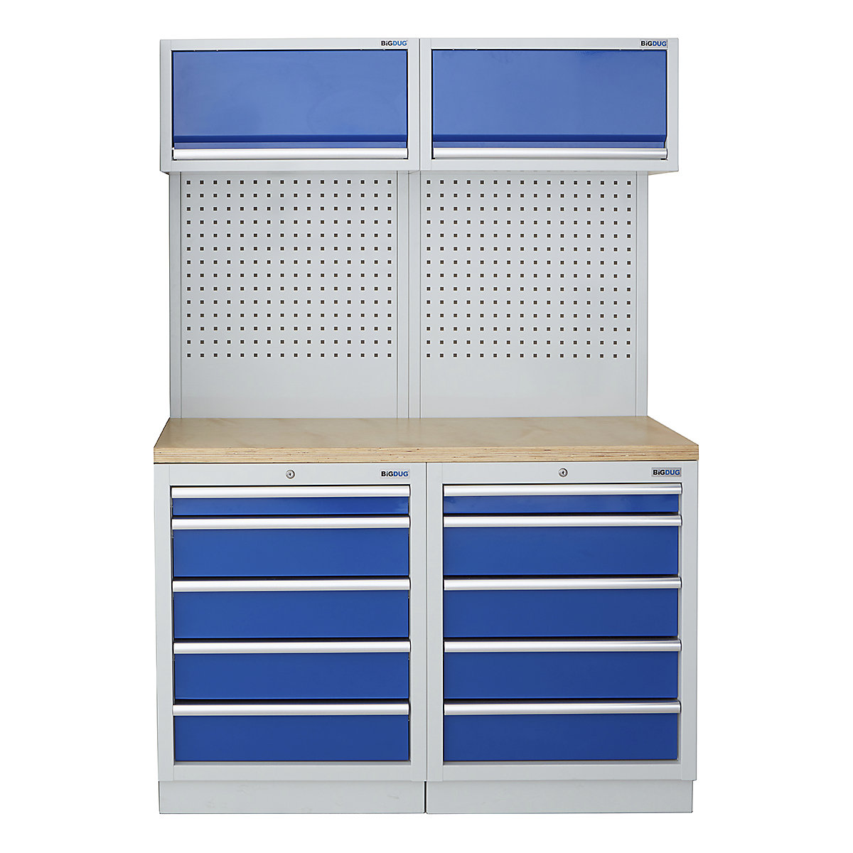 BiGDUG | 1361mm Wide Storage System | 4 Cabinet, BiGDUG | 1361mm Wide Storage System | 4 Cabinet, BiGDUG | 1361mm Wide Storage System | 2x 5 Drawer Cabinet | 2x Wall Panel | 2x Wall Cabinet | Grey Housing | Blue Drawers | Multiplex Worktop-0