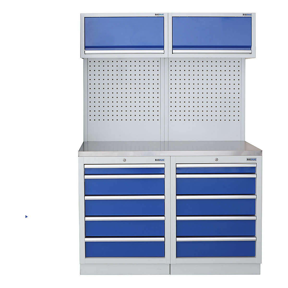 BiGDUG | 1361mm Wide Storage System | 4 Cabinet, BiGDUG | 1361mm Wide Storage System | 4 Cabinet, BiGDUG | 1361mm Wide Storage System | 2x 5 Drawer Cabinet | 2x Wall Panel | 2x Wall Cabinet | Grey Housing | Blue Drawers | Stainless Worktop-0