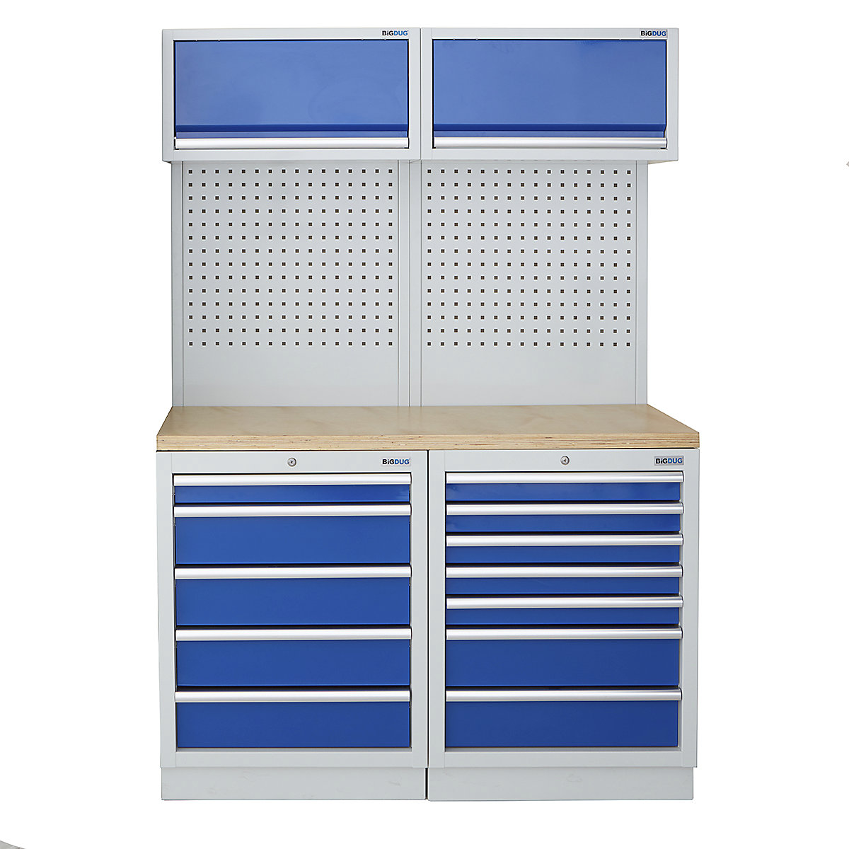 BiGDUG | 1361mm Wide Storage System | 4 Cabinet, BiGDUG | 1361mm Wide Storage System | 4 Cabinet, BiGDUG | 1361mm Wide Storage System | 5 Drawer Cabinet | 7 Drawer Cabinet | 2x Wall Panel | 2x Wall Cabinet | Grey Housing | Blue Drawers | Multiplex Worktop-0