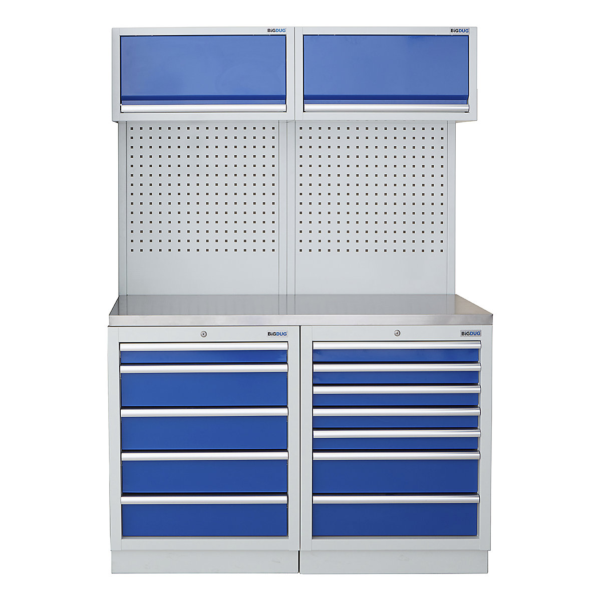BiGDUG | 1361mm Wide Storage System | 4 Cabinet, BiGDUG | 1361mm Wide Storage System | 4 Cabinet, BiGDUG | 1361mm Wide Storage System | 5 Drawer Cabinet | 7 Drawer Cupboard | 2x Wall Panel | 2x Wall Cabinet | Grey Housing | Blue Drawers | Stainless Worktop-0