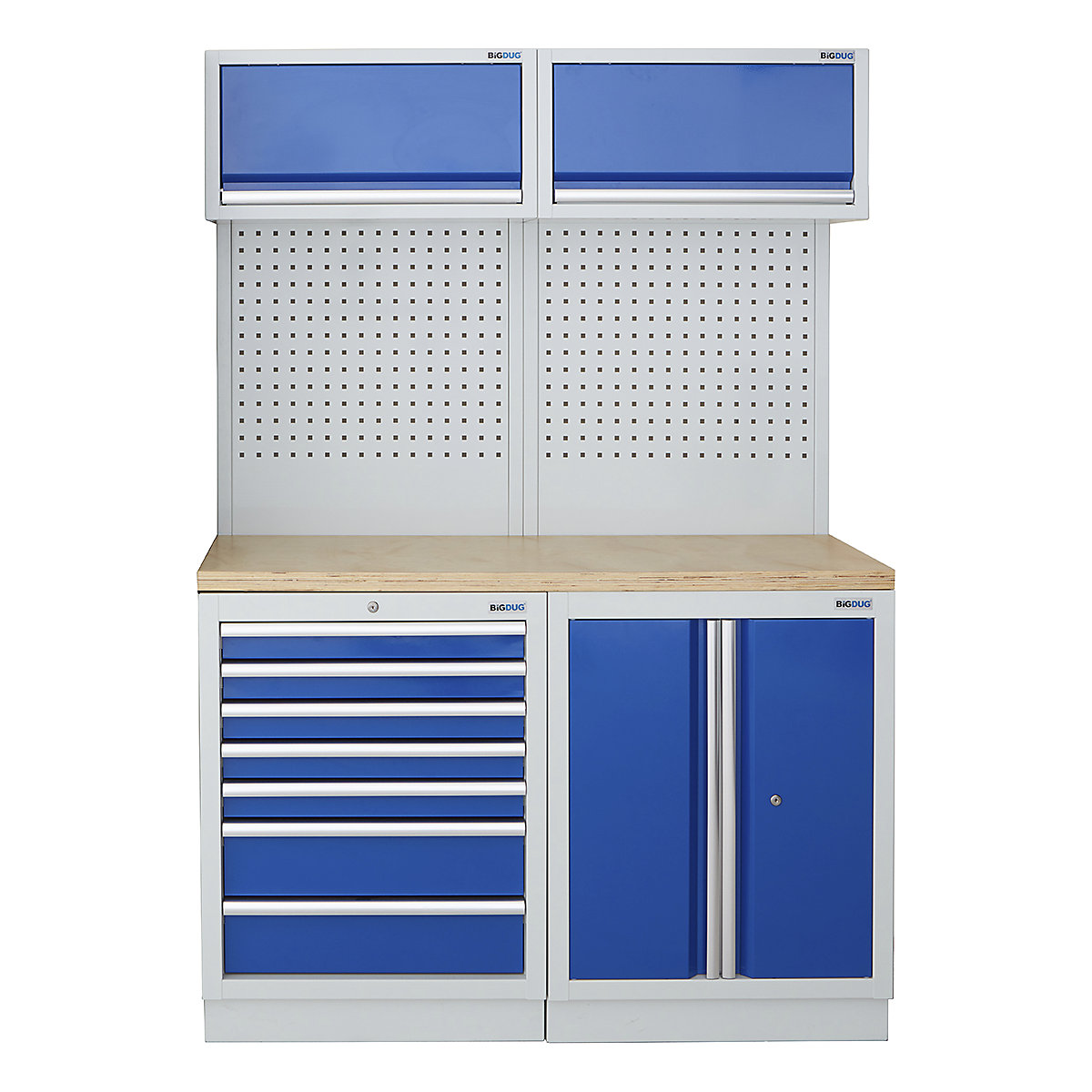 BiGDUG | 1361mm Wide Storage System | 4 Cabinet, BiGDUG | 1361mm Wide Storage System | 4 Cabinet, BiGDUG | 1361mm Wide Storage System | 7 Drawer Cabinet | 2 Door Cupboard | 2x Wall Panel | 2x Wall Cabinet | Grey Housing | Blue Doors | Multiplex Worktop-0