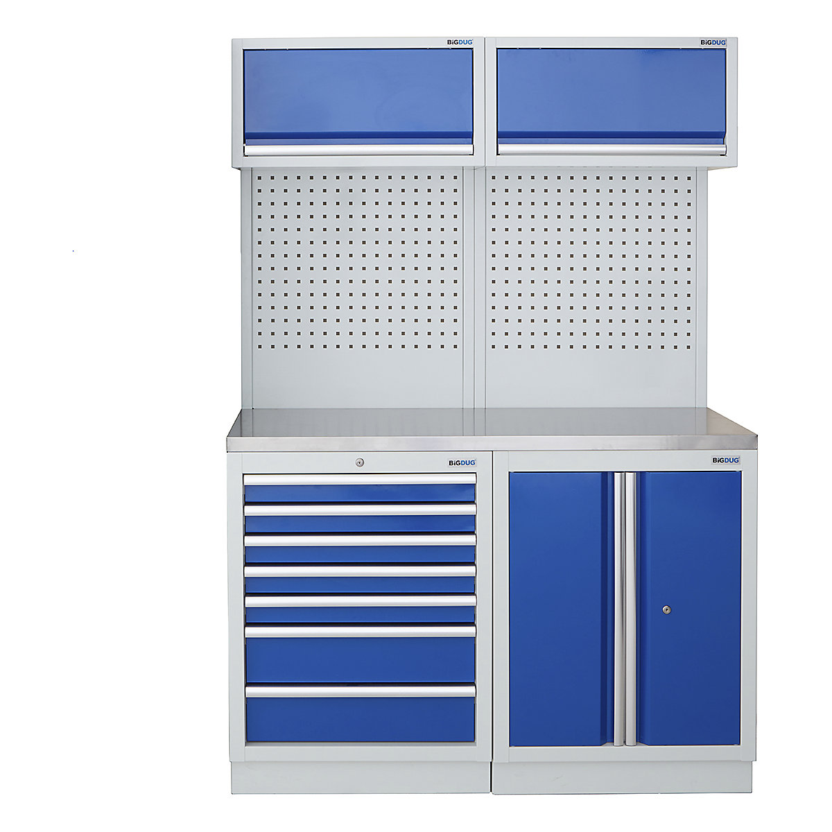 BiGDUG | 1361mm Wide Storage System | 4 Cabinet, BiGDUG | 1361mm Wide Storage System | 4 Cabinet, BiGDUG | 1361mm Wide Storage System | 7 Drawer Cabinet | 2 Door Cupboard | 2x Wall Panel | 2x Wall Cabinet | Grey Housing | Blue Doors | Stainless Worktop-0