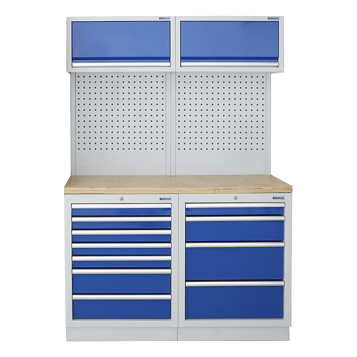 BiGDUG | 1361mm Wide Storage System | 4 Cabinet, BiGDUG | 1361mm Wide Storage System | 4 Cabinet, BiGDUG | 1361mm Wide Storage System | 7 Drawer Cabinet | 4 Drawer Cabinet | 2x Wall Panel | 2x Wall Cabinet | Grey Housing | Blue Drawers | Multiplex Worktop-0