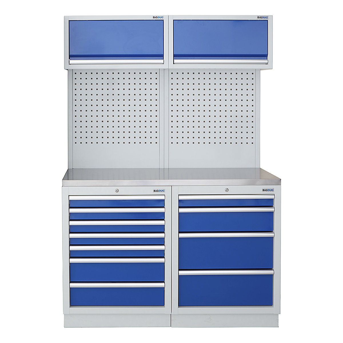 BiGDUG | 1361mm Wide Storage System | 4 Cabinet, BiGDUG | 1361mm Wide Storage System | 4 Cabinet, BiGDUG | 1361mm Wide Storage System | 7 Drawer Cabinet | 4 Drawer Cabinet | 2x Wall Panel | 2x Wall Cabinet | Grey Housing | Blue Drawers | Stainless Worktop-0