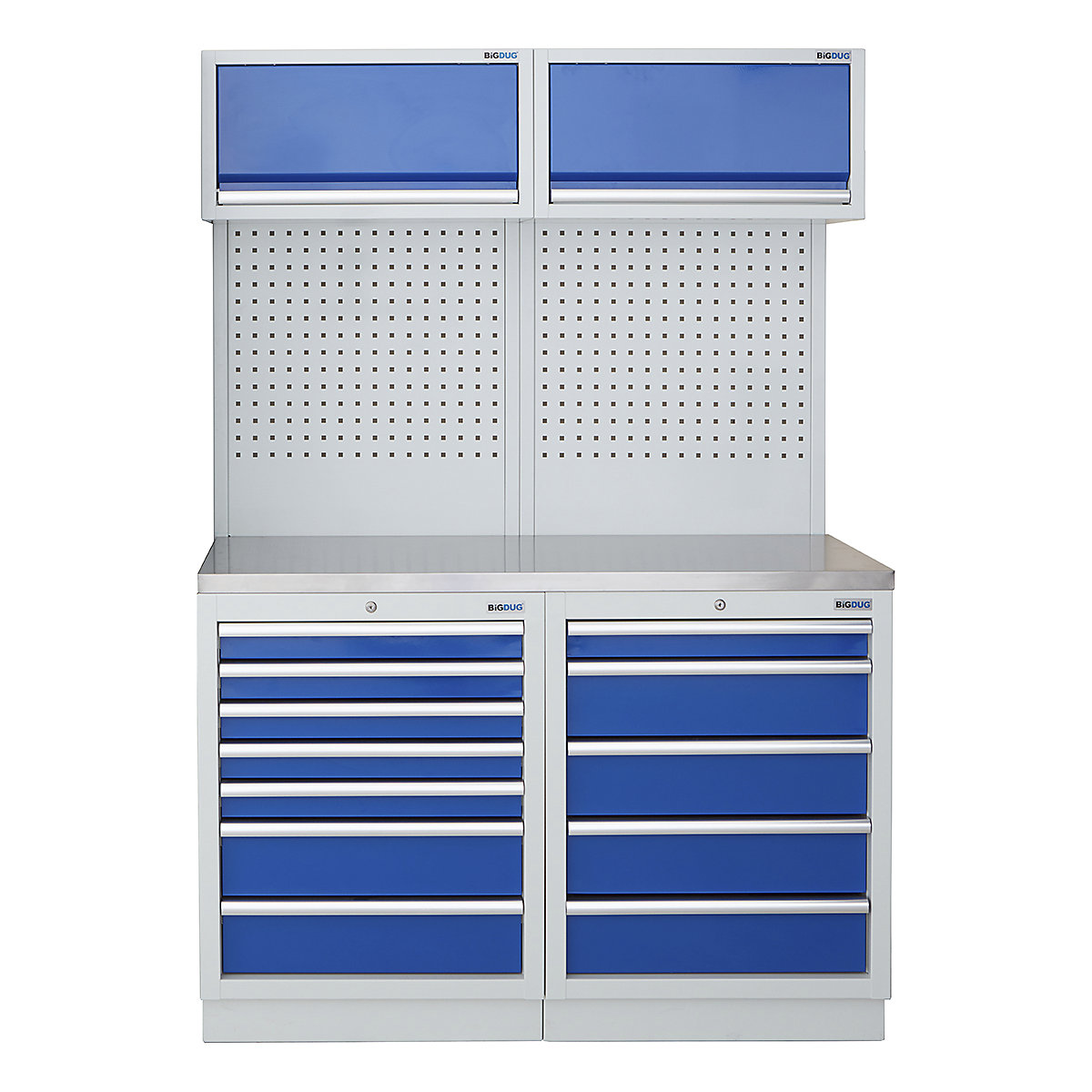 BiGDUG | 1361mm Wide Storage System | 4 Cabinet, BiGDUG | 1361mm Wide Storage System | 4 Cabinet, BiGDUG | 1361mm Wide Storage System | 7 Drawer Cabinet | 5 Drawer Cabinet | 2x Wall Panel | 2x Wall Cabinet | Grey Housing | Blue Drawers | Stainless Worktop-0