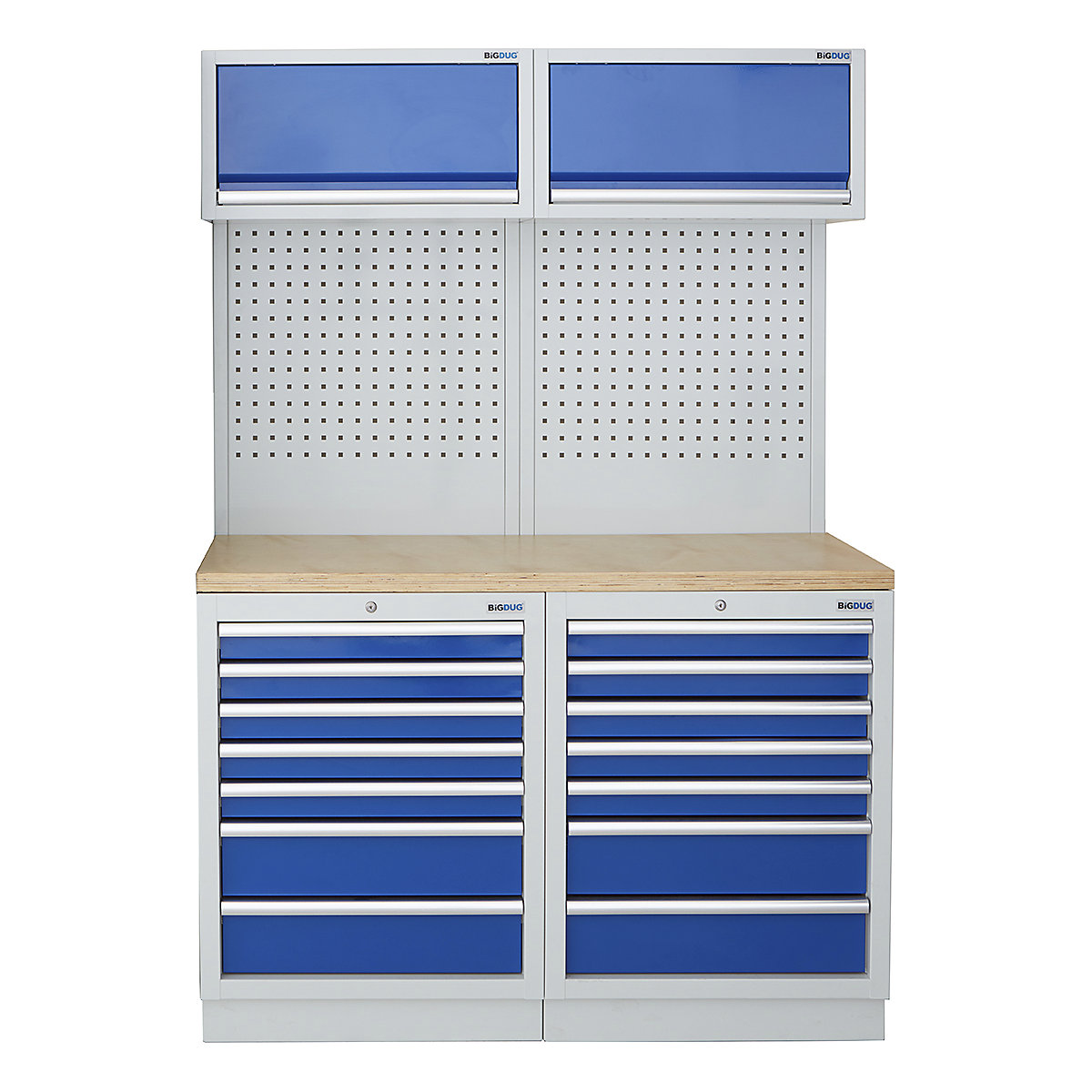 BiGDUG | 1361mm Wide Storage System | 4 Cabinet, BiGDUG | 1361mm Wide Storage System | 4 Cabinet, BiGDUG | 1361mm Wide Storage System | 2x 7 Drawer Cabinet | 2x Wall Panel | 2x Wall Cabinet | Grey Housing | Blue Drawers | Multiplex Worktop-0