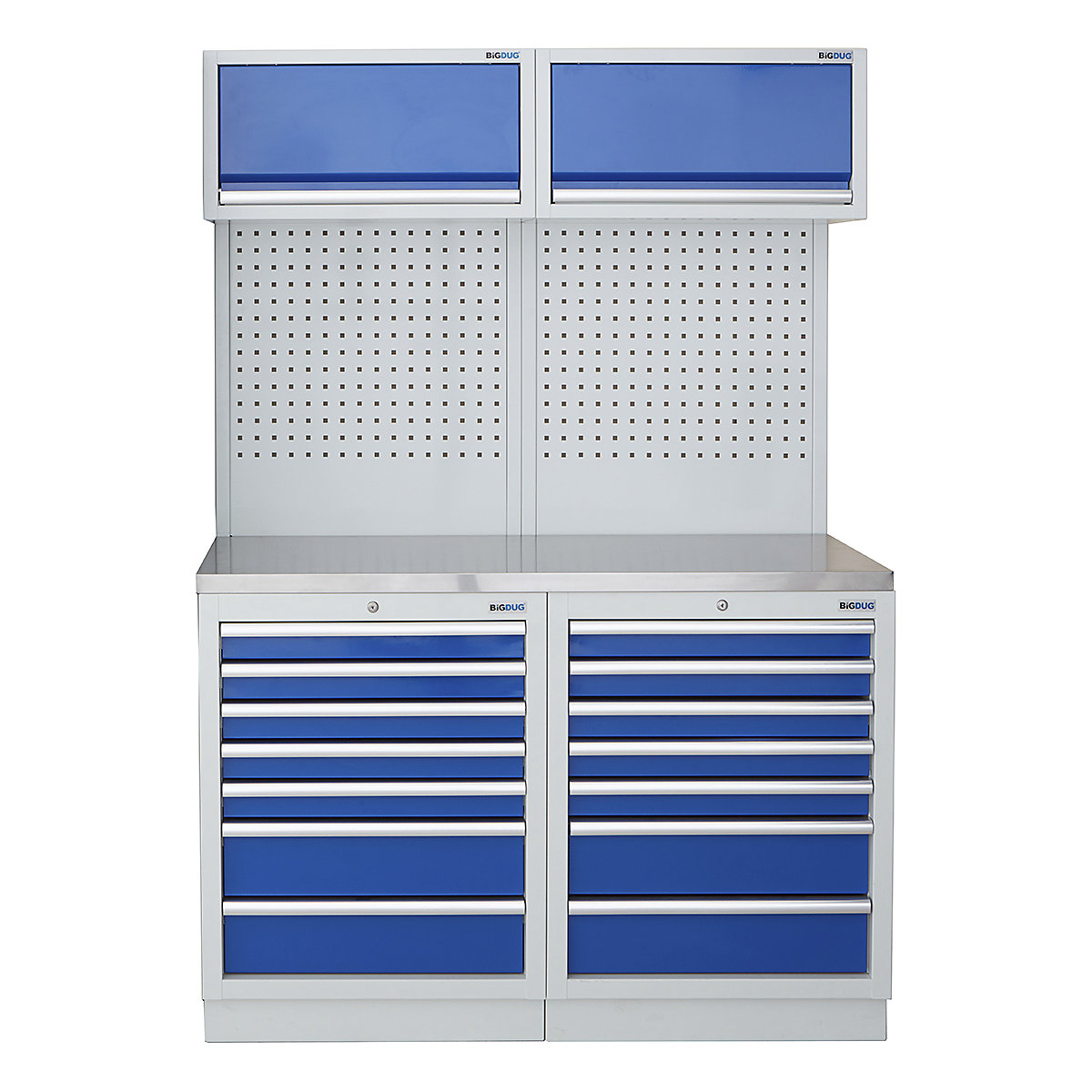 BiGDUG | 1361mm Wide Storage System | 4 Cabinet, BiGDUG | 1361mm Wide Storage System | 4 Cabinet, BiGDUG | 1361mm Wide Storage System | 2x 7 Drawer Cabinet | 2x Wall Panel | 2x Wall Cabinet | Grey Housing | Blue Drawers | Stainless Worktop-0