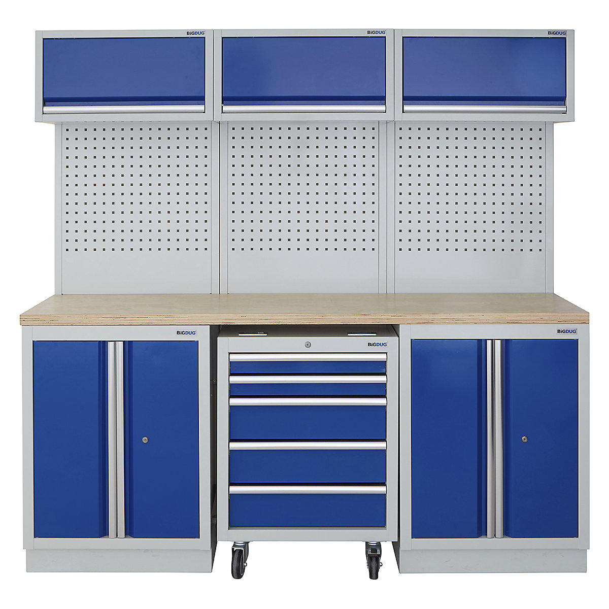 BiGDUG | 2041mm Wide Modular Storage System | 1 Roll Cabinet | 5 Cabinet, BiGDUG | 2041mm Wide Modular Storage System | 1 Roll Cabinet | 5 Cabinet, BiGDUG | 2041mm Wide Storage System | 1x Roll Cabinet | 2x 2 Door Cupboard | 3x Wall Panel | 3x Wall Cupboard | Grey Housing | Blue Doors | Multiplex Worktop-0