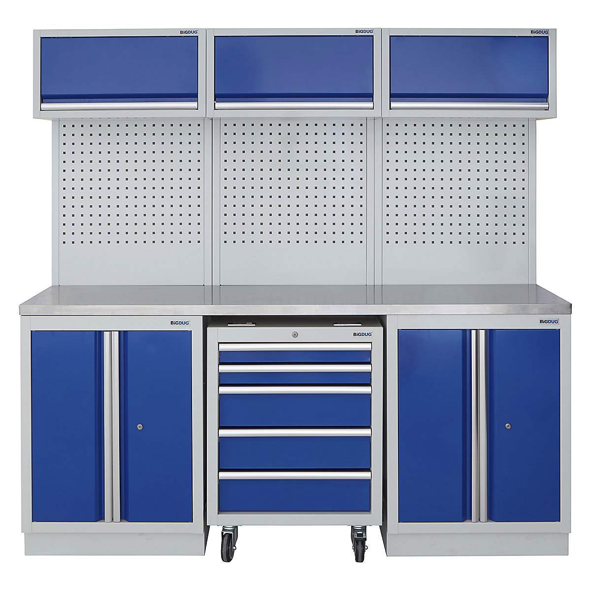 BiGDUG | 2041mm Wide Modular Storage System | 1 Roll Cabinet | 5 Cabinet, BiGDUG | 2041mm Wide Modular Storage System | 1 Roll Cabinet | 5 Cabinet, BiGDUG | 2041mm Wide Storage System | 1x Roll Cabinet | 2x 2 Door Cupboard | 3x Wall Panel | 3x Wall Cupboard | Grey Housing | Blue Doors | Stainless Worktop-0