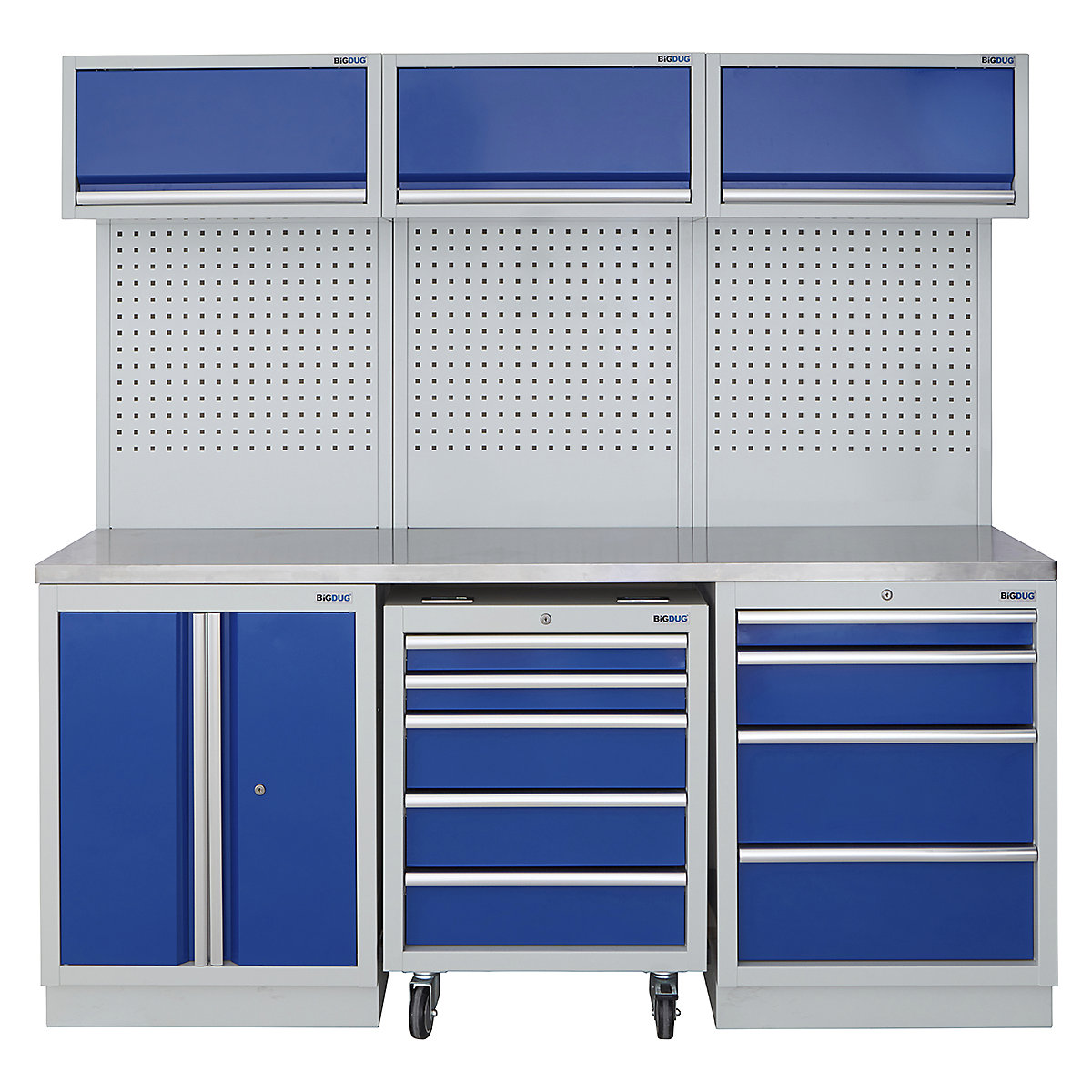 BiGDUG | 2041mm Wide Modular Storage System | 1 Roll Cabinet | 5 Cabinet, BiGDUG | 2041mm Wide Modular Storage System | 1 Roll Cabinet | 5 Cabinet, BiGDUG | 2041mm Wide Storage System | 1x Roll Cabinet | 2 Door Cupboard | 4 Drawer Cabinet | 3x Wall Panel | 3x Wall Cupboard | Grey Housing | Blue Doors | Stainless Worktop-2