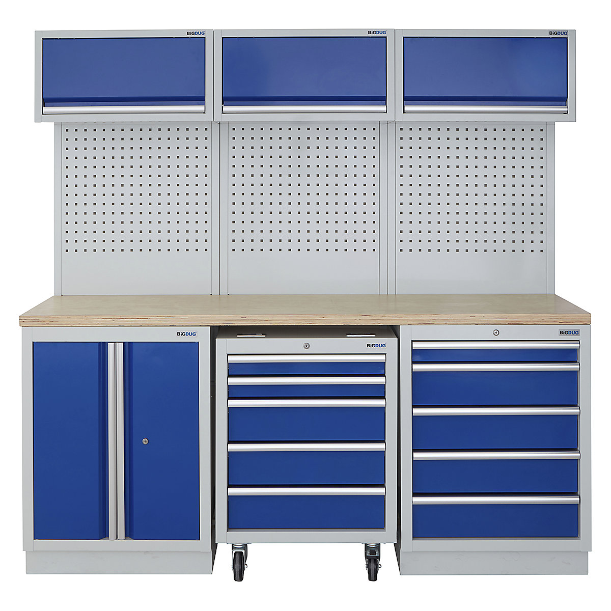 BiGDUG | 2041mm Wide Modular Storage System | 1 Roll Cabinet | 5 Cabinet, BiGDUG | 2041mm Wide Modular Storage System | 1 Roll Cabinet | 5 Cabinet, BiGDUG | 2041mm Wide Storage System | 1x Roll Cabinet | 2 Door Cupboard | 5 Drawer Cabinet | 3x Wall Panel | 3x Wall Cupboard | Grey Housing | Blue Doors | Multiplex Worktop-0