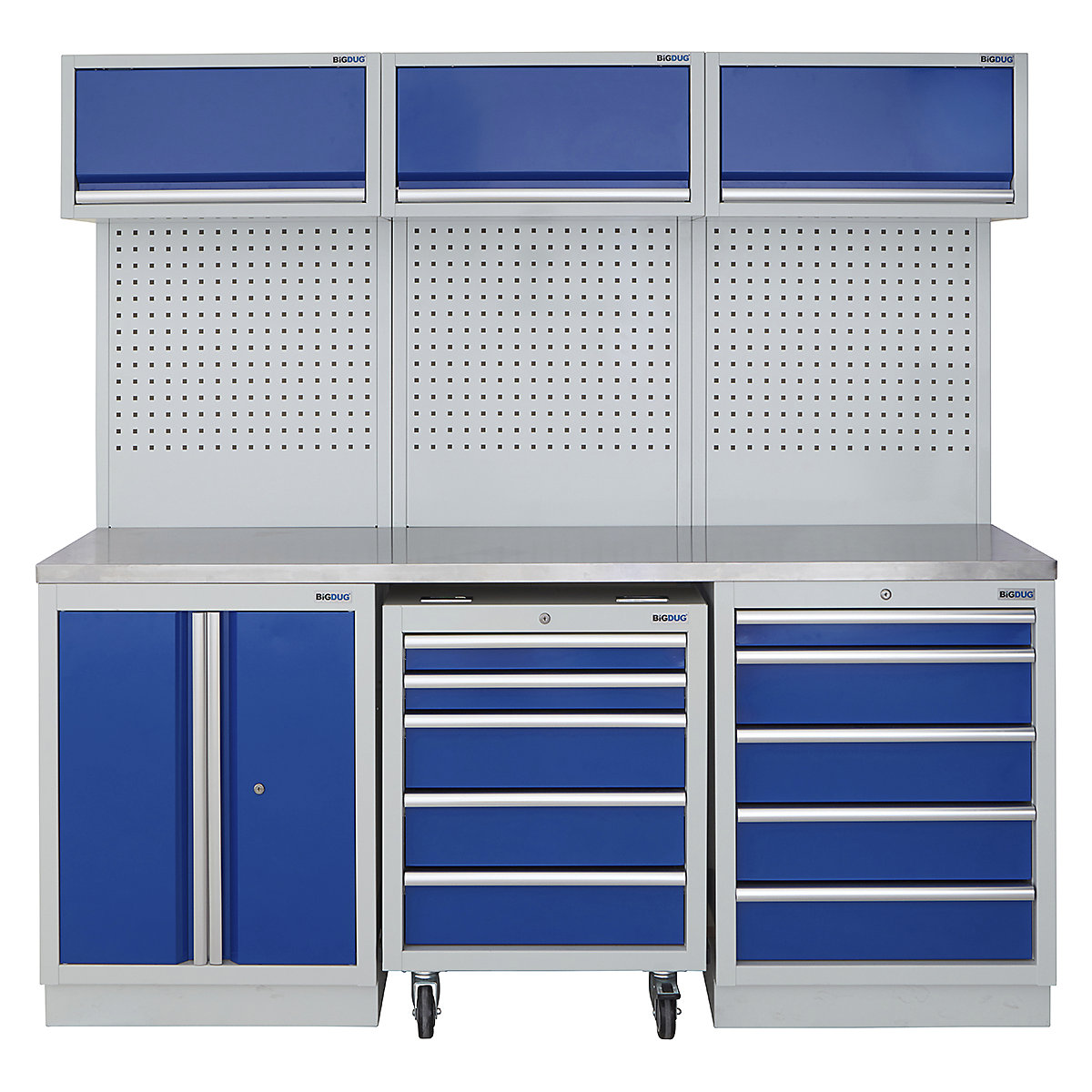 BiGDUG | 2041mm Wide Modular Storage System | 1 Roll Cabinet | 5 Cabinet, BiGDUG | 2041mm Wide Modular Storage System | 1 Roll Cabinet | 5 Cabinet, BiGDUG | 2041mm Wide Storage System | 1x Roll Cabinet | 2 Door Cupboard | 5 Drawer Cabinet | 3x Wall Panel | 3x Wall Cupboard | Grey Housing | Blue Doors | Stainless Worktop-0