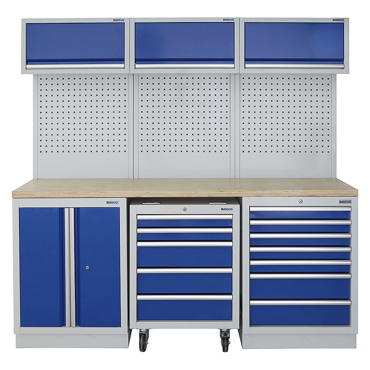 BiGDUG | 2041mm Wide Modular Storage System | 1 Roll Cabinet | 5 Cabinet, BiGDUG | 2041mm Wide Modular Storage System | 1 Roll Cabinet | 5 Cabinet, BiGDUG | 2041mm Wide Storage System | 1x Roll Cabinet | 2 Door Cupboard | 7 Drawer Cabinet | 3x Wall Panel | 3x Wall Cupboard | Grey Housing | Blue Doors | Multiplex Worktop-0