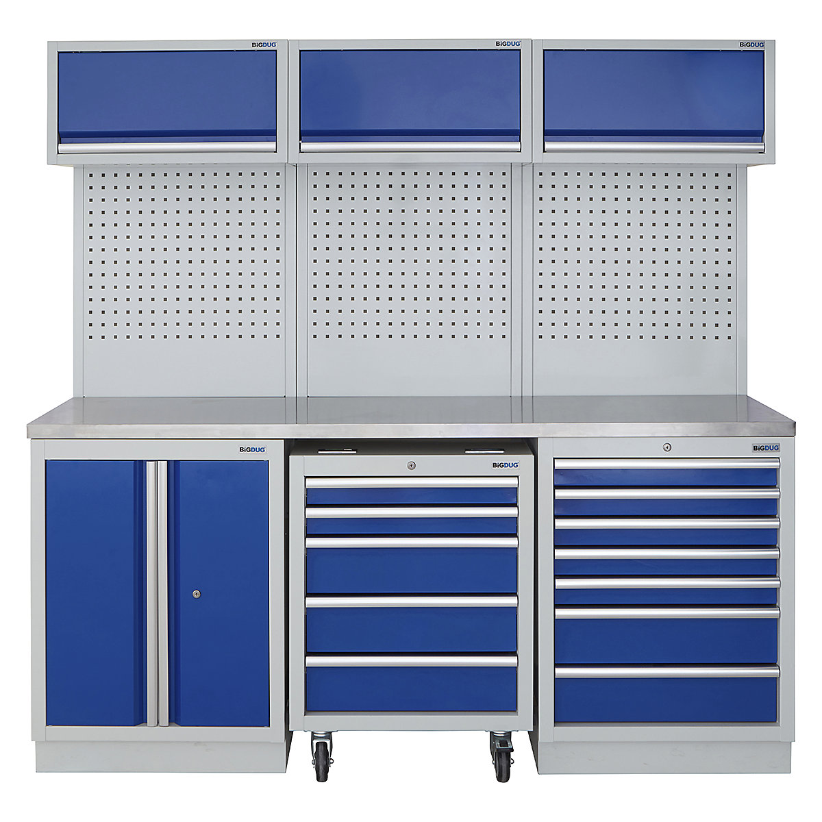 BiGDUG | 2041mm Wide Modular Storage System | 1 Roll Cabinet | 5 Cabinet, BiGDUG | 2041mm Wide Modular Storage System | 1 Roll Cabinet | 5 Cabinet, BiGDUG | 2041mm Wide Storage System | 1x Roll Cabinet | 2 Door Cupboard | 7 Drawer Cabinet | 3x Wall Panel | 3x Wall Cupboard | Grey Housing | Blue Doors | Stainless Worktop-0