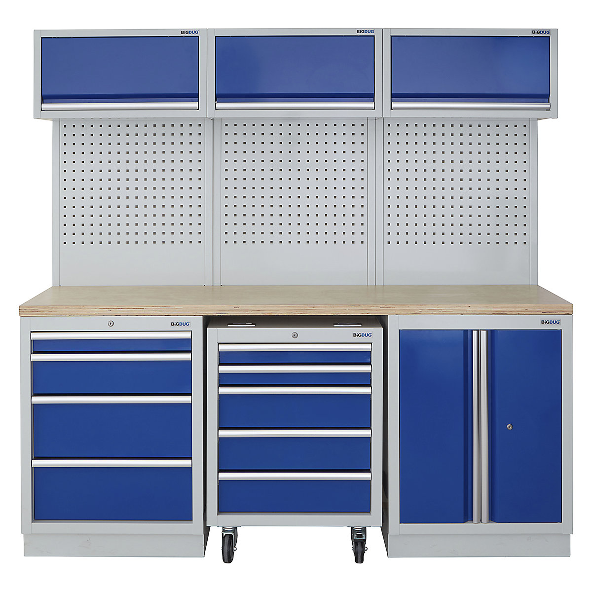 BiGDUG | 2041mm Wide Modular Storage System | 1 Roll Cabinet | 5 Cabinet, BiGDUG | 2041mm Wide Modular Storage System | 1 Roll Cabinet | 5 Cabinet, BiGDUG | 2041mm Wide Storage System | 1x Roll Cabinet | 4 Drawer Cabinet | 2 Door Cupboard | 3x Wall Panel | 3x Wall Cupboard | Grey Housing | Blue Doors | Multiplex Worktop-0