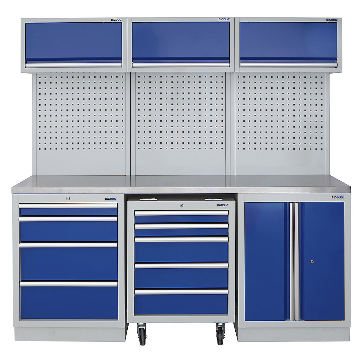 BiGDUG | 2041mm Wide Modular Storage System | 1 Roll Cabinet | 5 Cabinet, BiGDUG | 2041mm Wide Modular Storage System | 1 Roll Cabinet | 5 Cabinet, BiGDUG | 2041mm Wide Storage System | 1x Roll Cabinet | 4 Drawer Cabinet | 2 Door Cupboard | 3x Wall Panel | 3x Wall Cupboard | Grey Housing | Blue Doors | Stainless Worktop-0