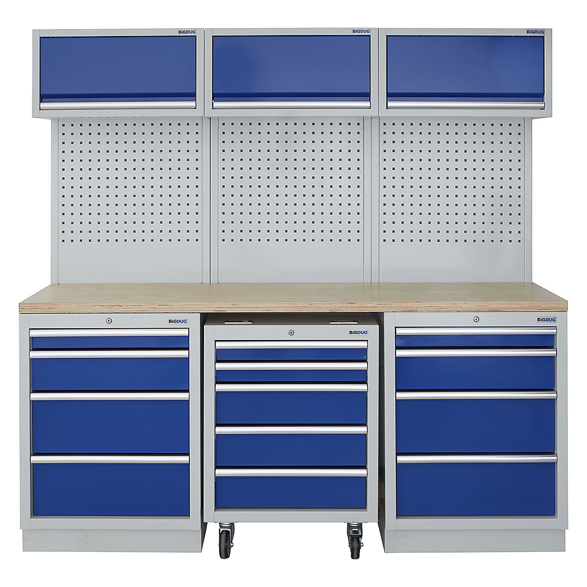 BiGDUG | 2041mm Wide Modular Storage System | 1 Roll Cabinet | 5 Cabinet, BiGDUG | 2041mm Wide Modular Storage System | 1 Roll Cabinet | 5 Cabinet, BiGDUG | 2041mm Wide Storage System | 1x Roll Cabinet | 2x 4 Drawer Cabinet | 3x Wall Panel | 3x Wall Cupboard | Grey Housing | Blue Doors | Multiplex Worktop-0