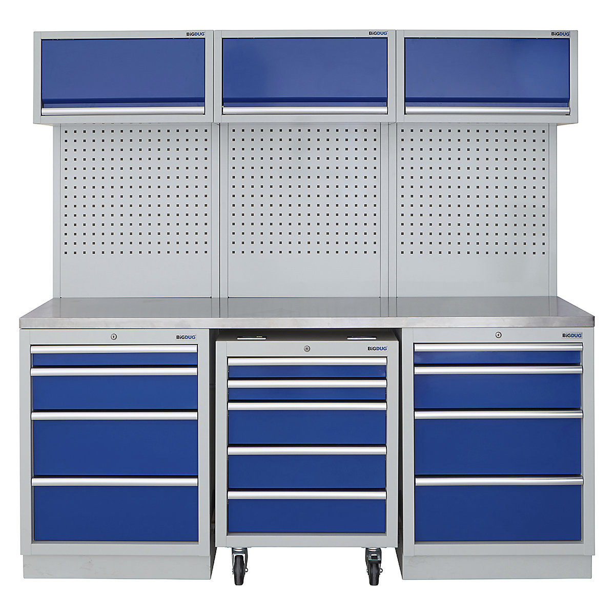 BiGDUG | 2041mm Wide Modular Storage System | 1 Roll Cabinet | 5 Cabinet, BiGDUG | 2041mm Wide Modular Storage System | 1 Roll Cabinet | 5 Cabinet, BiGDUG | 2041mm Wide Storage System | 1x Roll Cabinet | 2x 4 Drawer Cabinet | 3x Wall Panel | 3x Wall Cupboard | Grey Housing | Blue Doors | Stainless Worktop-0