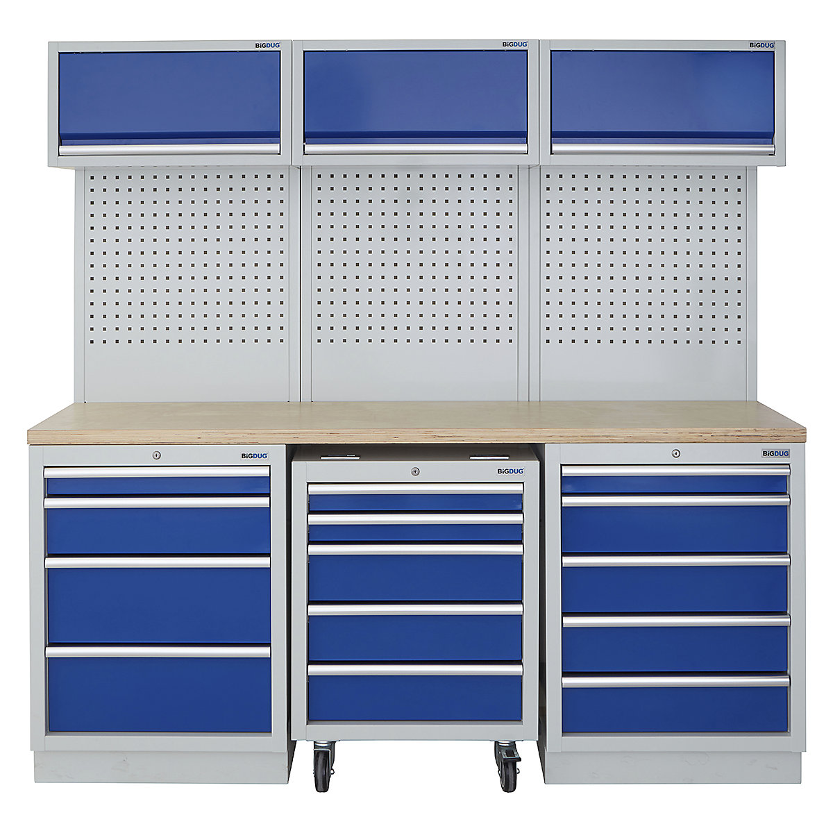 BiGDUG | 2041mm Wide Modular Storage System | 1 Roll Cabinet | 5 Cabinet, BiGDUG | 2041mm Wide Modular Storage System | 1 Roll Cabinet | 5 Cabinet, BiGDUG | 2041mm Wide Storage System | 1x Roll Cabinet | 4 Drawer Cabinet | 5 Drawer Cabinet | 3x Wall Panel | 3x Wall Cupboard | Grey Housing | Blue Doors | Multiplex Worktop-0