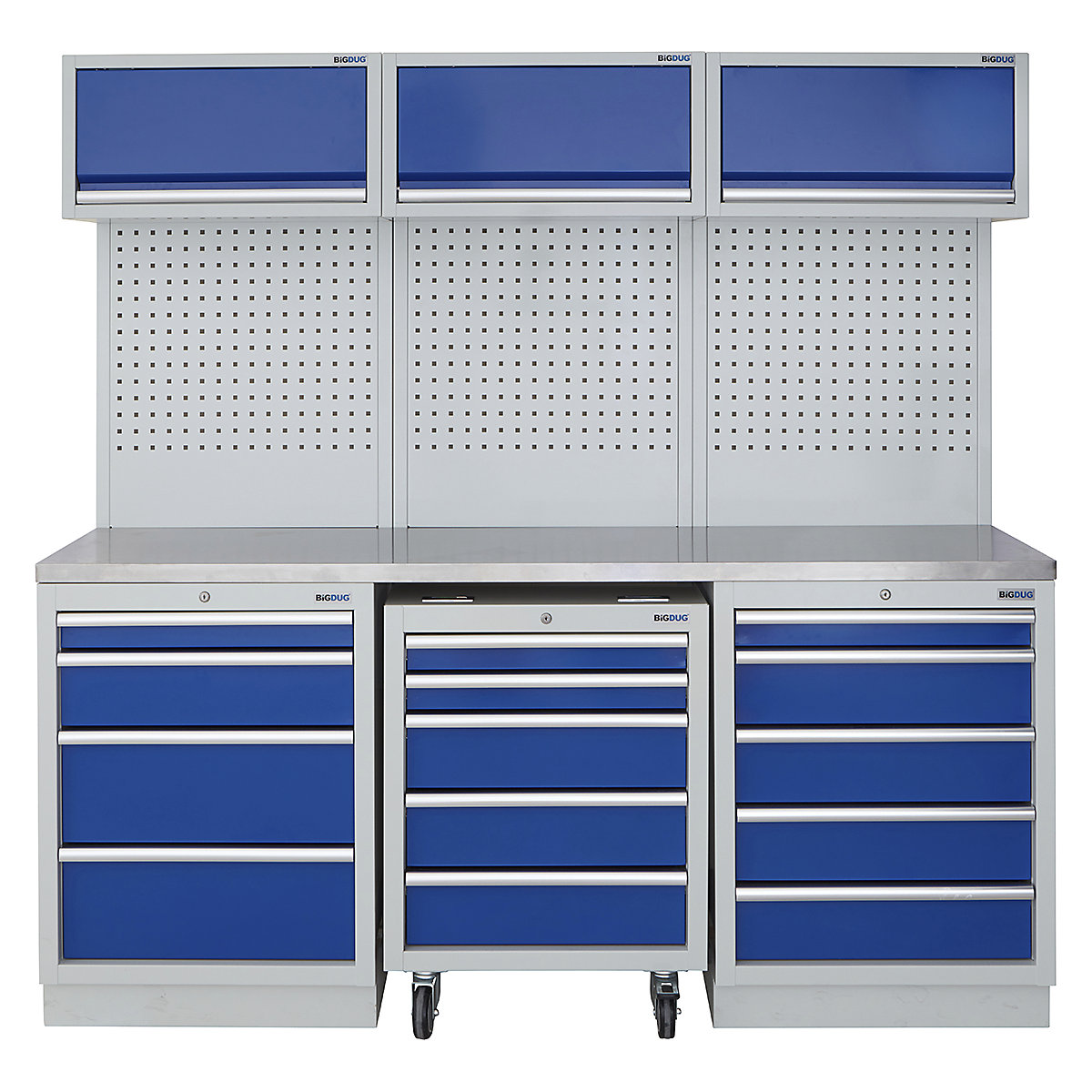 BiGDUG | 2041mm Wide Modular Storage System | 1 Roll Cabinet | 5 Cabinet, BiGDUG | 2041mm Wide Modular Storage System | 1 Roll Cabinet | 5 Cabinet, BiGDUG | 2041mm Wide Storage System | 1x Roll Cabinet | 4 Drawer Cabinet | 5 Drawer Cabinet | 3x Wall Panel | 3x Wall Cupboard | Grey Housing | Blue Doors | Stainless Worktop-0