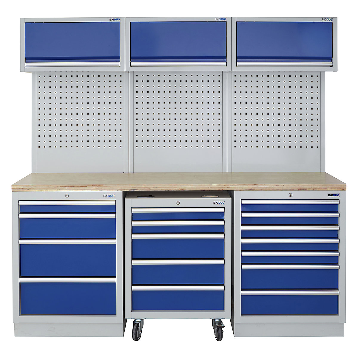 BiGDUG | 2041mm Wide Modular Storage System | 1 Roll Cabinet | 5 Cabinet, BiGDUG | 2041mm Wide Modular Storage System | 1 Roll Cabinet | 5 Cabinet, BiGDUG | 2041mm Wide Storage System | 1x Roll Cabinet | 4 Drawer Cabinet | 7 Drawer Cupboard | 3x Wall Panel | 3x Wall Cupboard | Grey Housing | Blue Doors | Multiplex Worktop-0