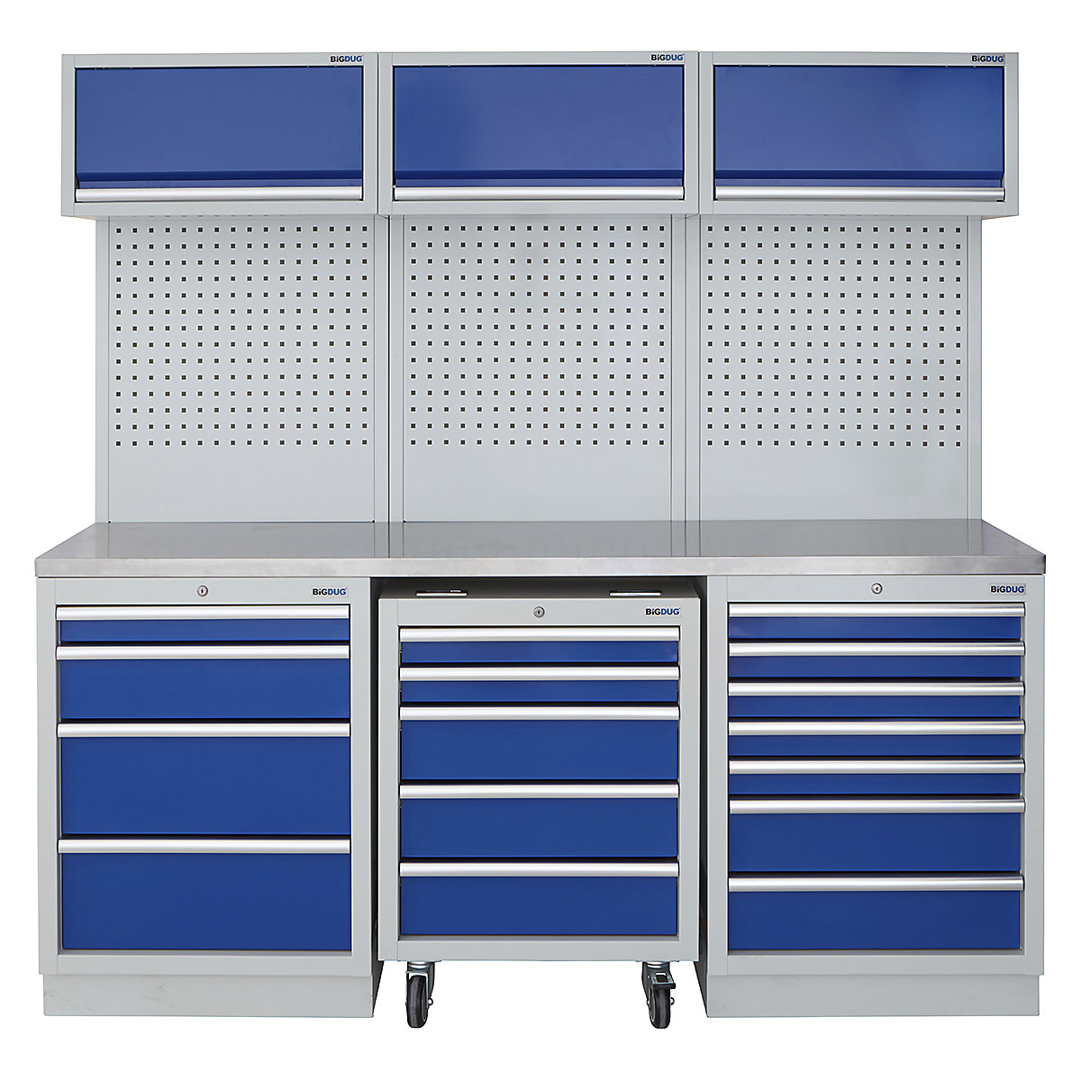 BiGDUG | 2041mm Wide Modular Storage System | 1 Roll Cabinet | 5 Cabinet, BiGDUG | 2041mm Wide Modular Storage System | 1 Roll Cabinet | 5 Cabinet, BiGDUG | 2041mm Wide Storage System | 1x Roll Cabinet | 4 Drawer Cabinet | 7 Drawer Cabinet | 3x Wall Panel | 3x Wall Cupboard | Grey Housing | Blue Doors | Stainless Worktop-0
