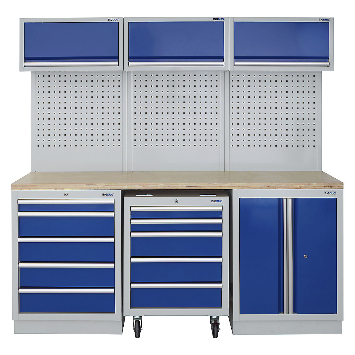 BiGDUG | 2041mm Wide Modular Storage System | 1 Roll Cabinet | 5 Cabinet, BiGDUG | 2041mm Wide Modular Storage System | 1 Roll Cabinet | 5 Cabinet, BiGDUG | 2041mm Wide Storage System | 1x Roll Cabinet | 5 Drawer Cabinet | 2 Door Cupboard | 3x Wall Panel | 3x Wall Cupboard | Grey Housing | Blue Doors | Multiplex Worktop-0
