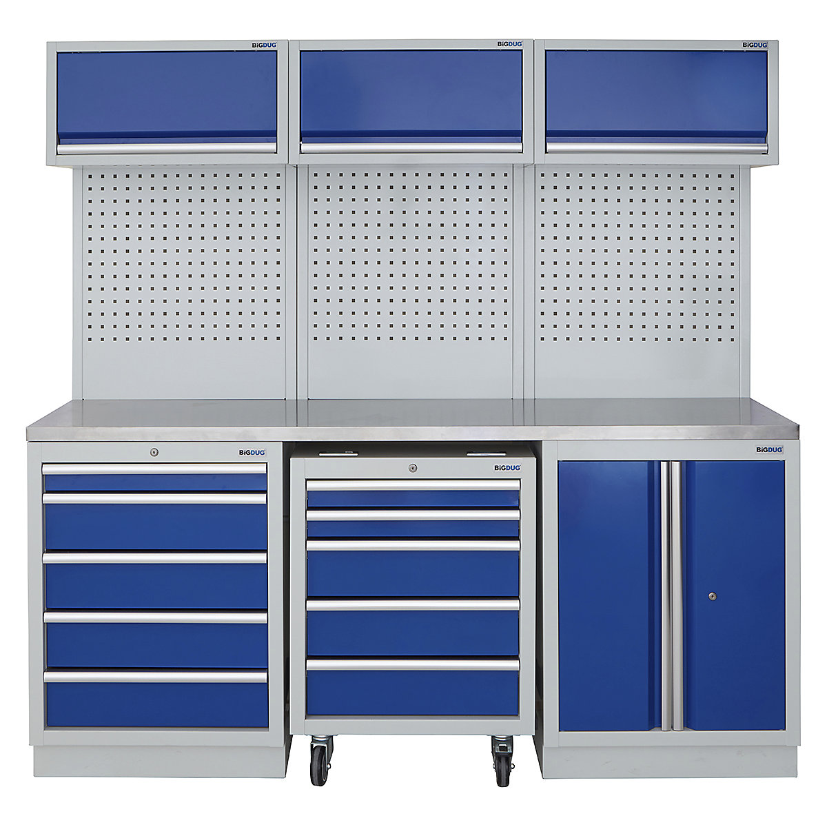 BiGDUG | 2041mm Wide Modular Storage System | 1 Roll Cabinet | 5 Cabinet, BiGDUG | 2041mm Wide Modular Storage System | 1 Roll Cabinet | 5 Cabinet, BiGDUG | 2041mm Wide Storage System | 1x Roll Cabinet | 5 Drawer Cabinet | 2 Door Cupboard | 3x Wall Panel | 3x Wall Cupboard | Grey Housing | Blue Doors | Stainless Worktop-0