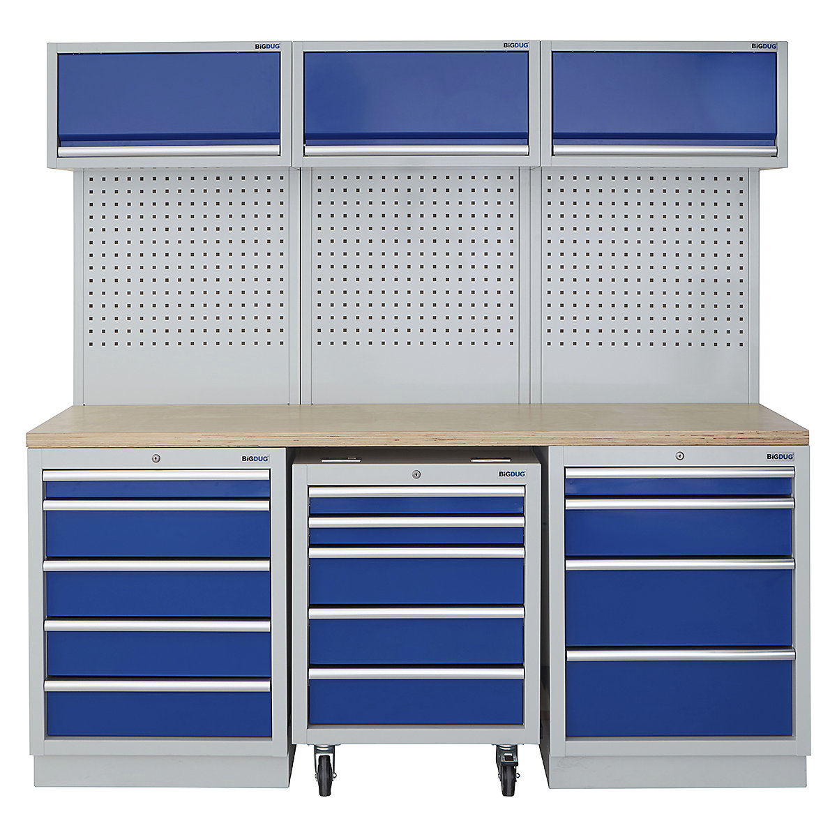 BiGDUG | 2041mm Wide Modular Storage System | 1 Roll Cabinet | 5 Cabinet, BiGDUG | 2041mm Wide Modular Storage System | 1 Roll Cabinet | 5 Cabinet, BiGDUG | 2041mm Wide Storage System | 1x Roll Cabinet | 5 Drawer Cabinet | 4 Drawer Cabinet | 3x Wall Panel | 3x Wall Cupboard | Grey Housing | Blue Doors | Multiplex Worktop-0