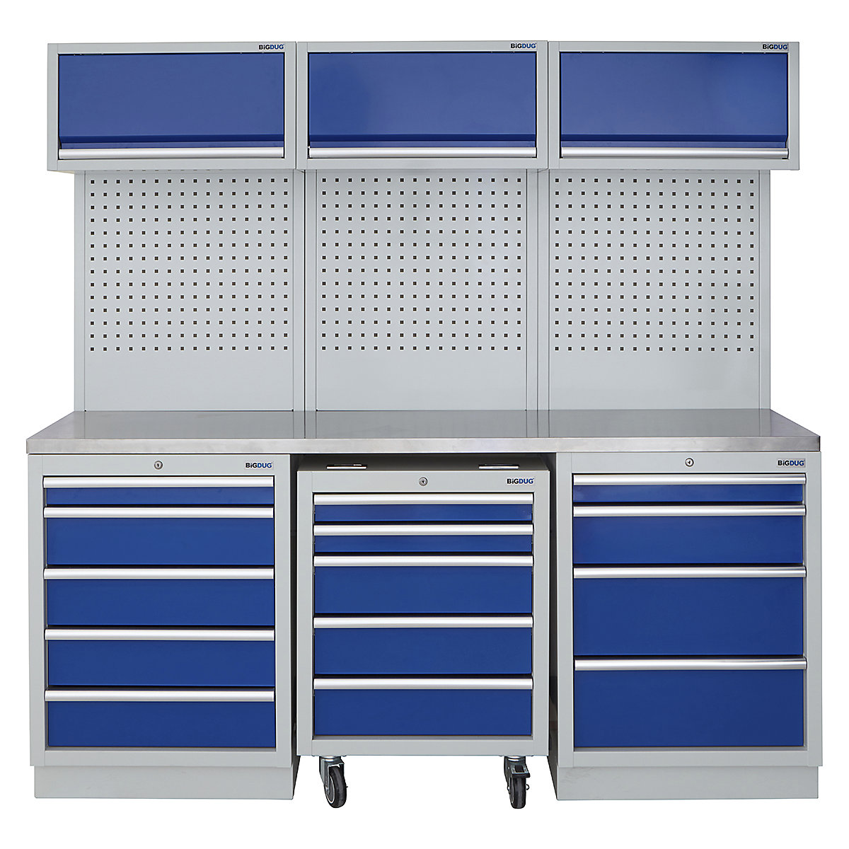 BiGDUG | 2041mm Wide Modular Storage System | 1 Roll Cabinet | 5 Cabinet, BiGDUG | 2041mm Wide Modular Storage System | 1 Roll Cabinet | 5 Cabinet, BiGDUG | 2041mm Wide Storage System | 1x Roll Cabinet | 5 Drawer Cabinet | 4 Drawer Cabinet | 3x Wall Panel | 3x Wall Cupboard | Grey Housing | Blue Doors | Stainless Worktop-0