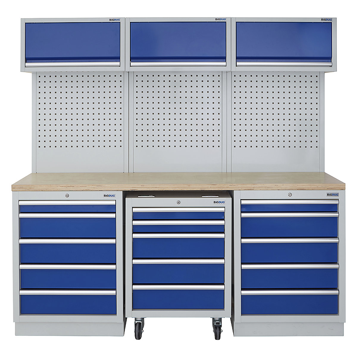 BiGDUG | 2041mm Wide Modular Storage System | 1 Roll Cabinet | 5 Cabinet, BiGDUG | 2041mm Wide Modular Storage System | 1 Roll Cabinet | 5 Cabinet, BiGDUG | 2041mm Wide Storage System | 1x Roll Cabinet | 2x 5 Drawer Cupboard | 3x Wall Panel | 3x Wall Cupboard | Grey Housing | Blue Doors | Multiplex Worktop-0