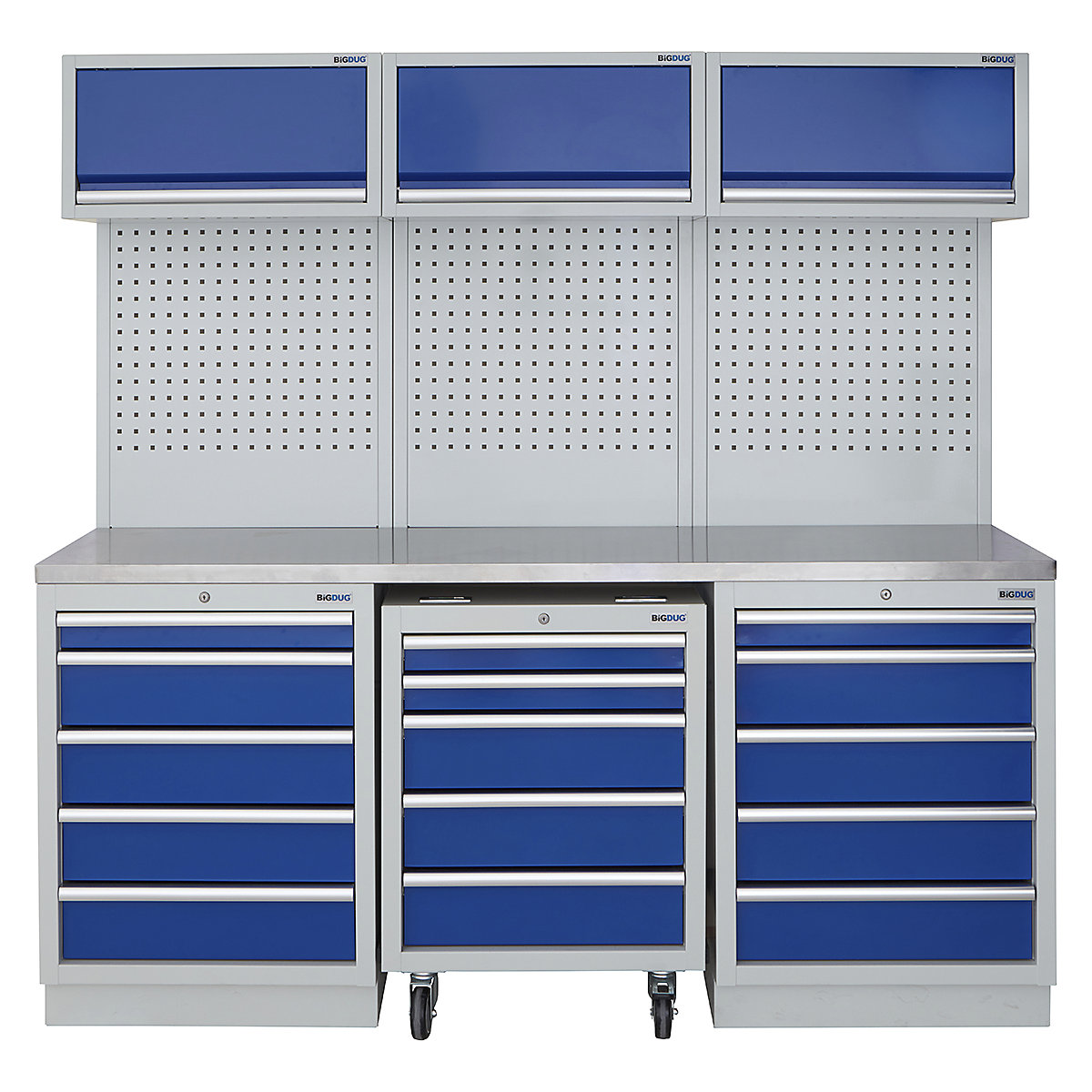 BiGDUG | 2041mm Wide Modular Storage System | 1 Roll Cabinet | 5 Cabinet, BiGDUG | 2041mm Wide Modular Storage System | 1 Roll Cabinet | 5 Cabinet, BiGDUG | 2041mm Wide Storage System | 1x Roll Cabinet | 2x 5 Drawer Cabinet | 3x Wall Panel | 3x Wall Cupboard | Grey Housing | Blue Doors | Stainless Worktop-0