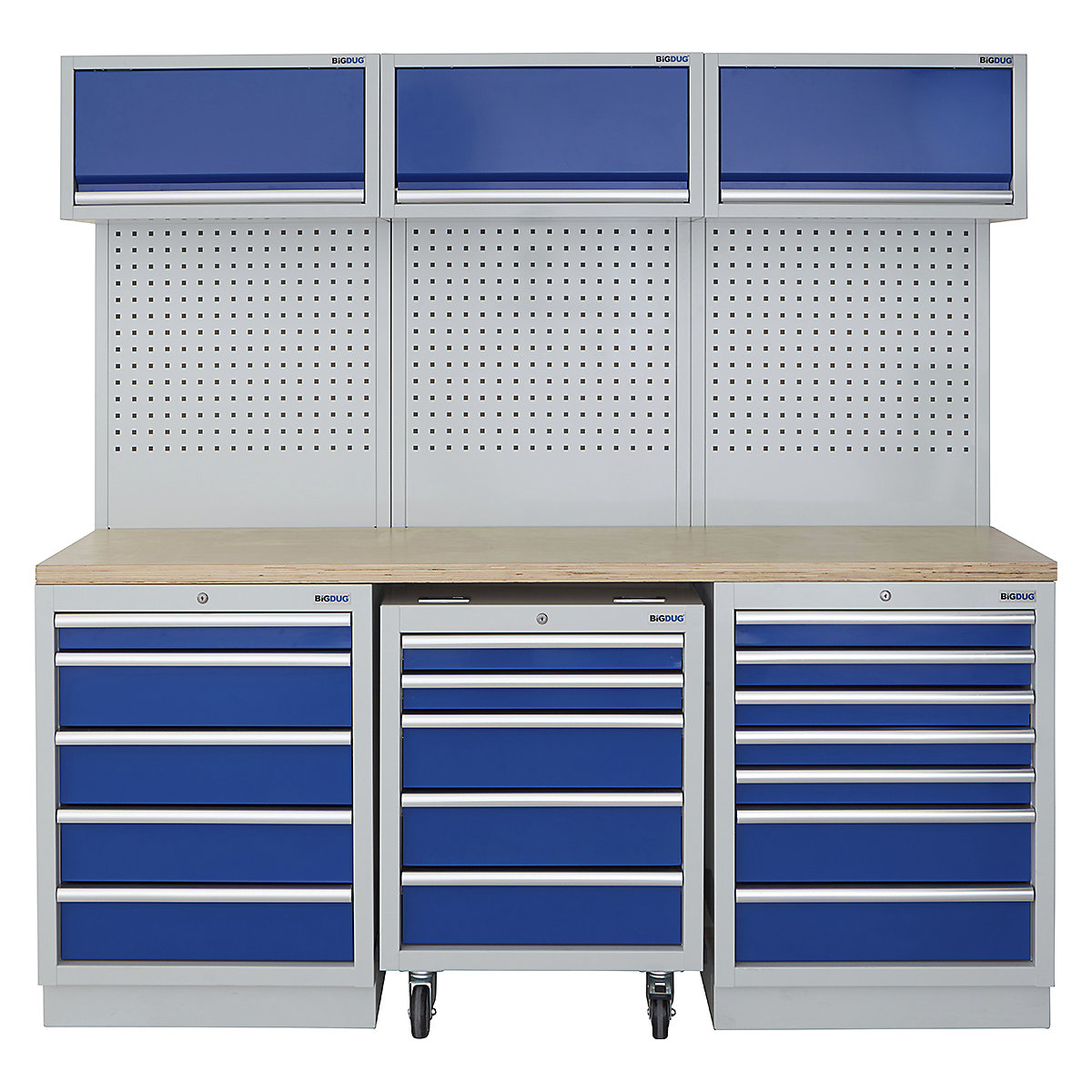 BiGDUG | 2041mm Wide Modular Storage System | 1 Roll Cabinet | 5 Cabinet, BiGDUG | 2041mm Wide Modular Storage System | 1 Roll Cabinet | 5 Cabinet, BiGDUG | 2041mm Wide Storage System | 1x Roll Cabinet | 5 Drawer Cabinet | 7 Drawer Cupboard | 3x Wall Panel | 3x Wall Cupboard | Grey Housing | Blue Doors | Multiplex Worktop-0