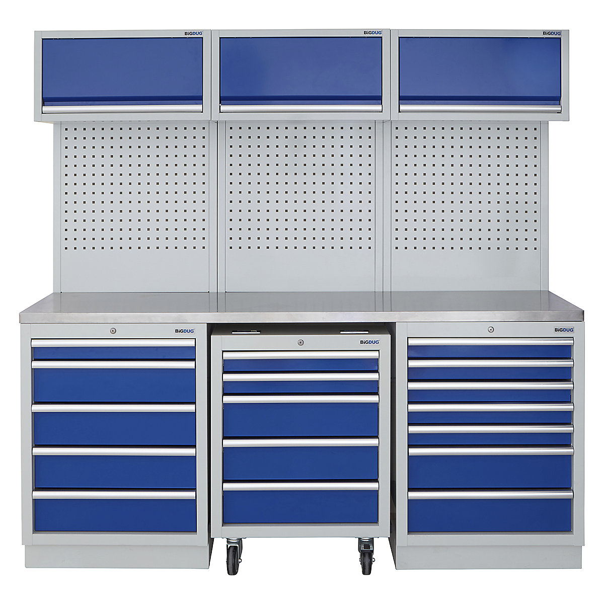 BiGDUG | 2041mm Wide Modular Storage System | 1 Roll Cabinet | 5 Cabinet, BiGDUG | 2041mm Wide Modular Storage System | 1 Roll Cabinet | 5 Cabinet, BiGDUG | 2041mm Wide Storage System | 1x Roll Cabinet | 5 Drawer Cabinet | 7 Drawer Cabinet | 3x Wall Panel | 3x Wall Cupboard | Grey Housing | Blue Doors | Stainless Worktop-0
